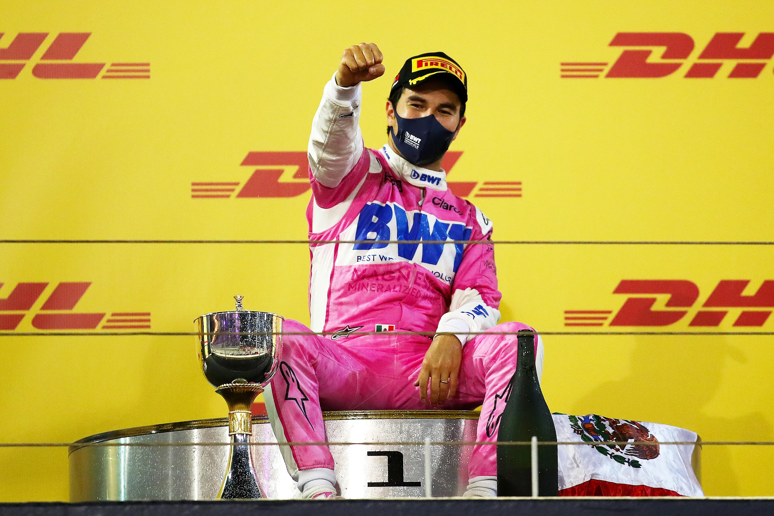 BAHRAIN, BAHRAIN - DECEMBER 06: Race winner Sergio Perez of Mexico and Racing Point celebrates his