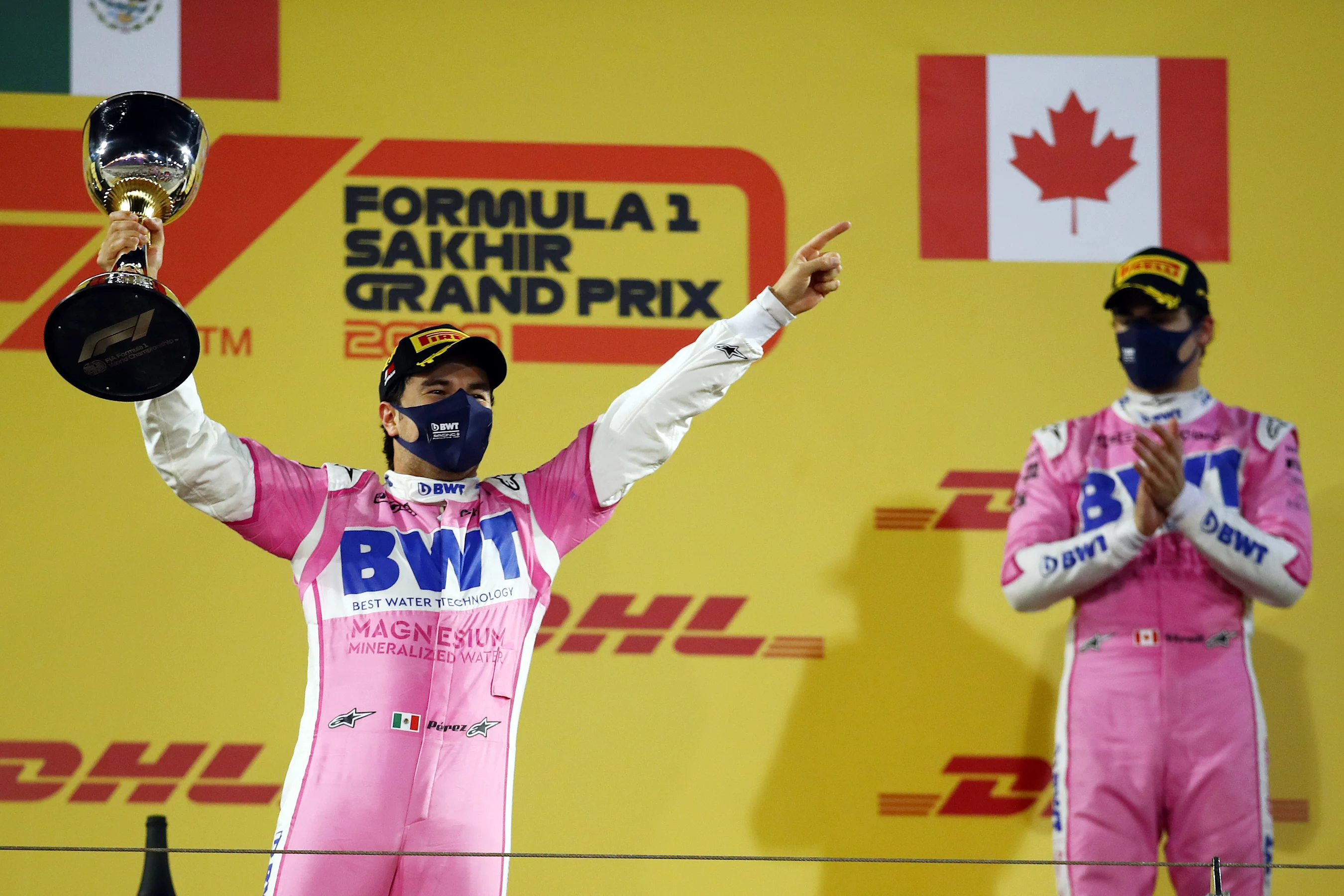 BAHRAIN, BAHRAIN - DECEMBER 06: Race winner Sergio Perez of Mexico and Racing Point celebrates his