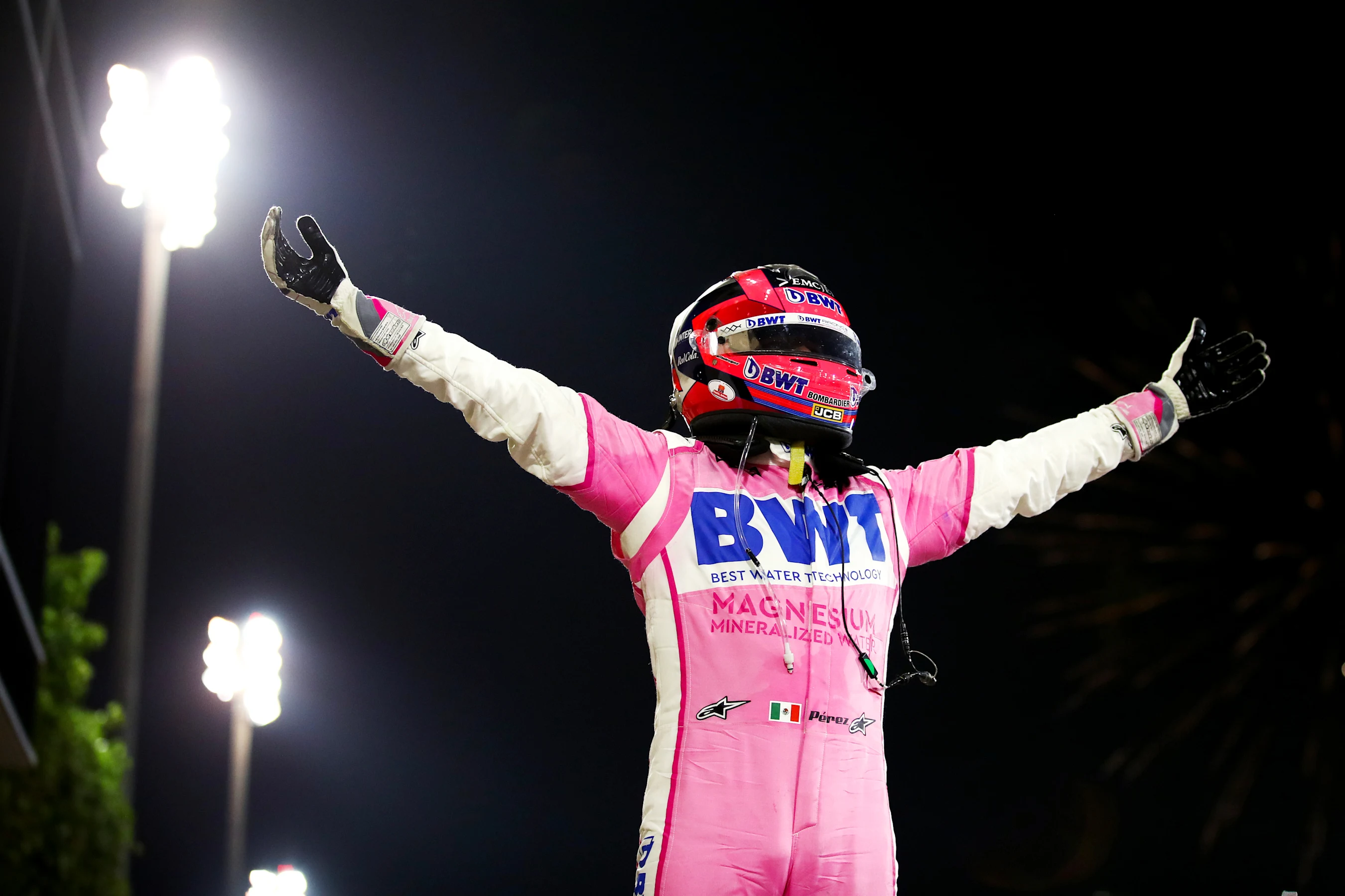 BAHRAIN, BAHRAIN - DECEMBER 06: Race winner Sergio Perez of Mexico and Racing Point celebrates in