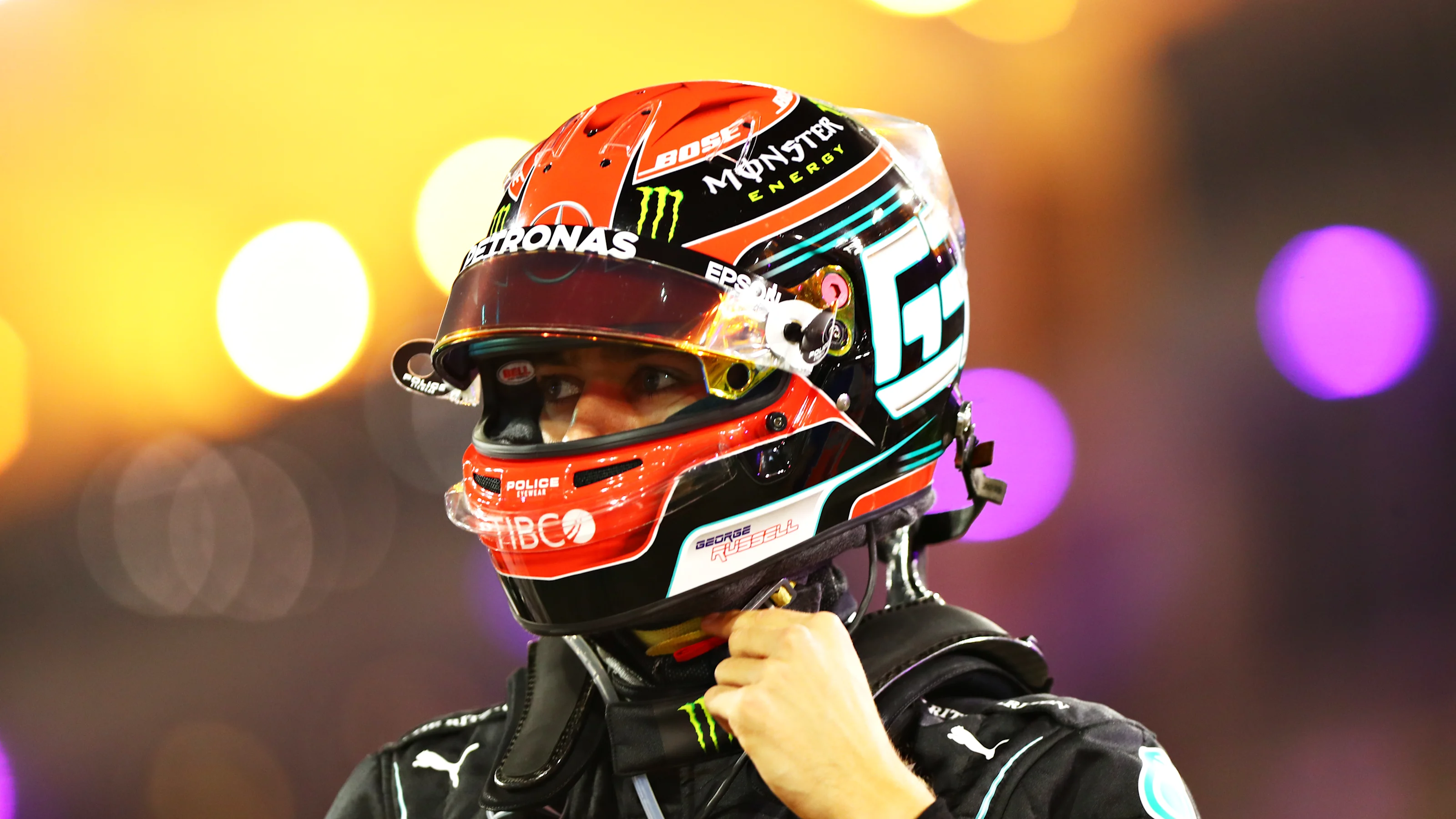 BAHRAIN, BAHRAIN - DECEMBER 06: George Russell of Great Britain and Mercedes GP looks on in parc