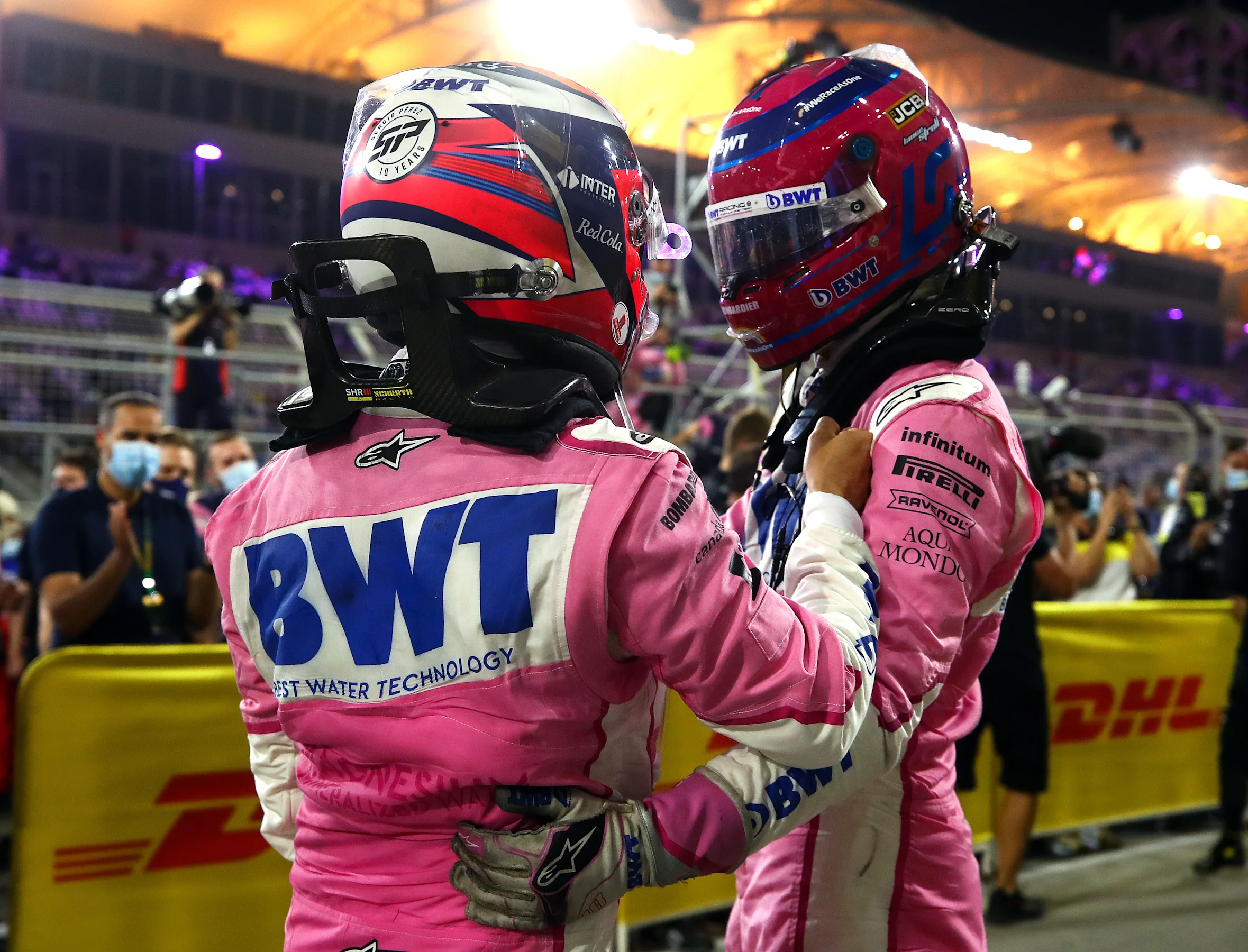 BAHRAIN, BAHRAIN - DECEMBER 06: Race winner Sergio Perez of Mexico and Racing Point and third