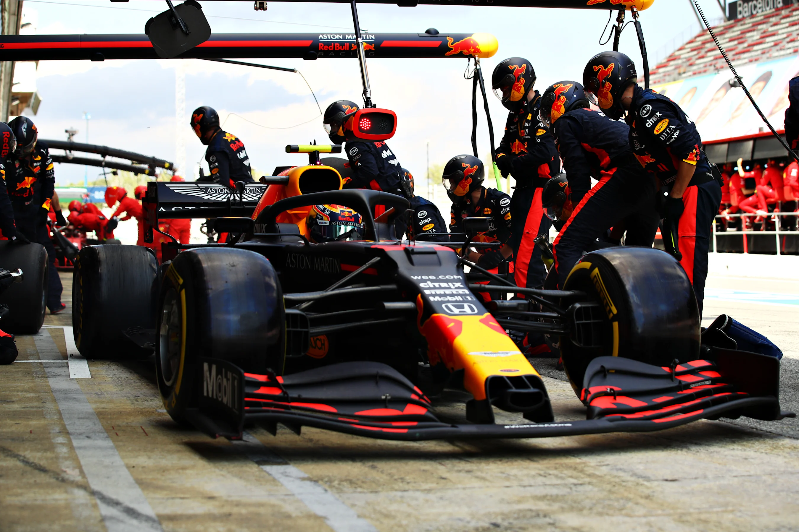 BARCELONA, SPAIN - AUGUST 16: Alexander Albon of Thailand driving the (23) Aston Martin Red Bull