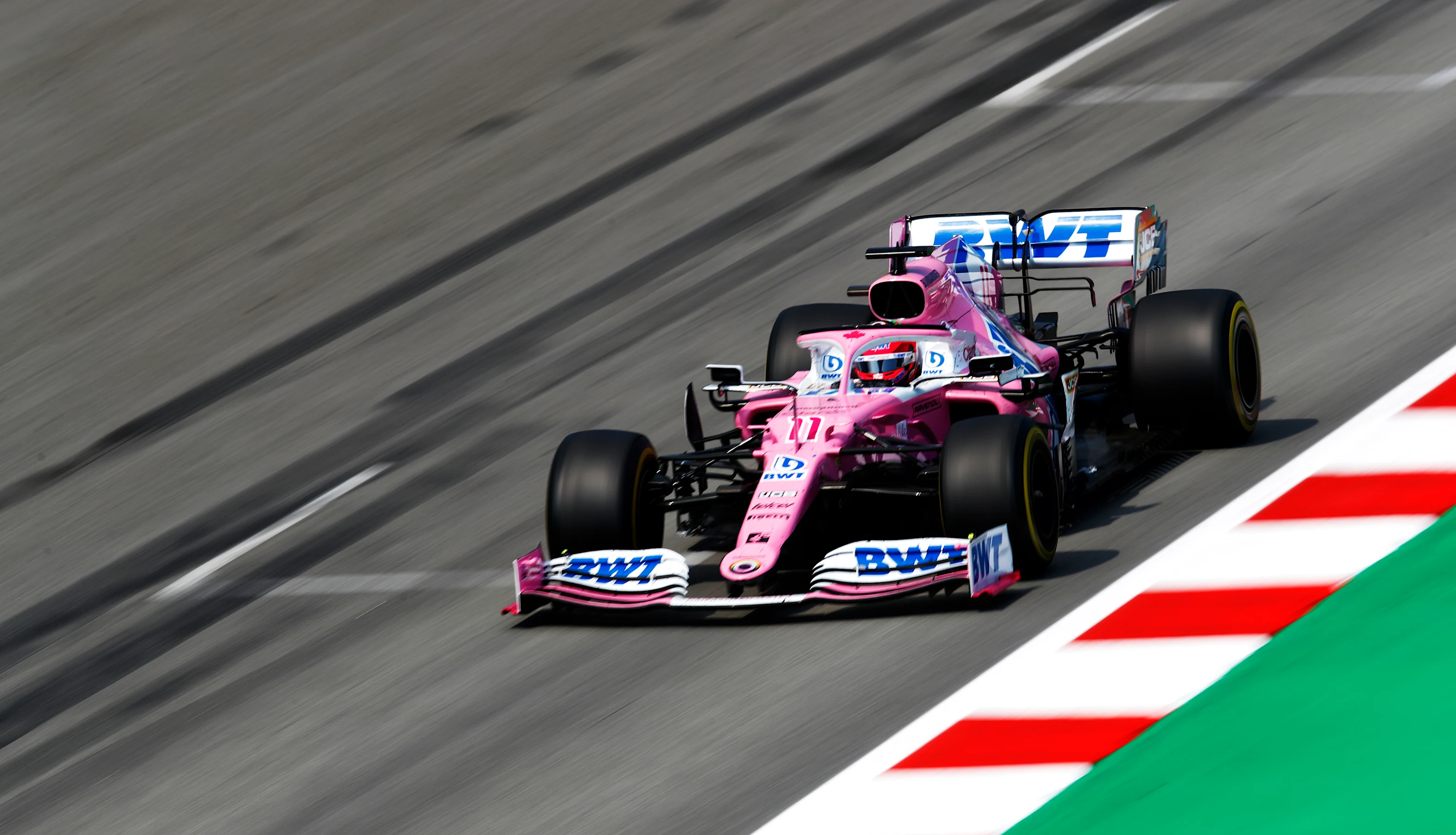 BARCELONA, SPAIN - AUGUST 16: Sergio Perez of Mexico driving the (11) Racing Point RP20 Mercedes on