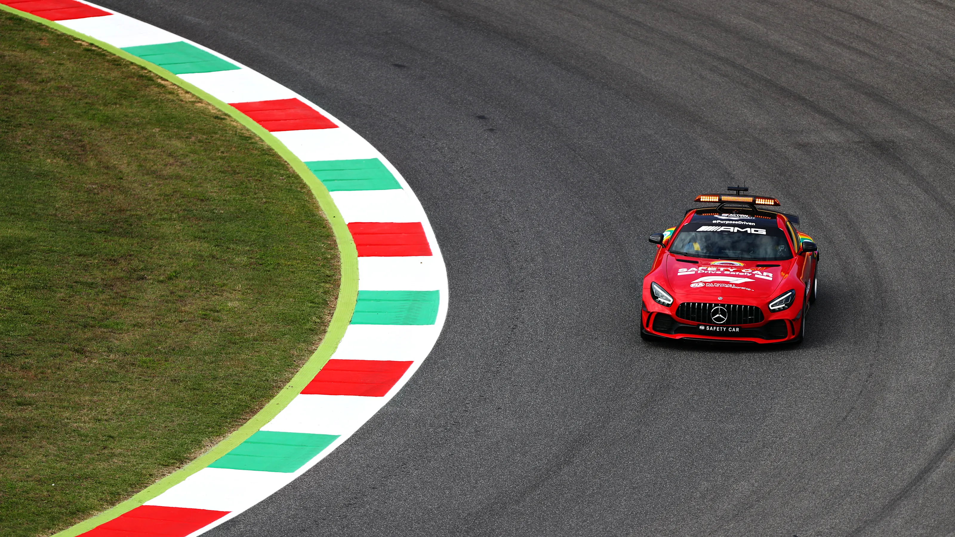 SCARPERIA, ITALY - SEPTEMBER 10: The FIA Safety Car drives on track during previews ahead of the F1