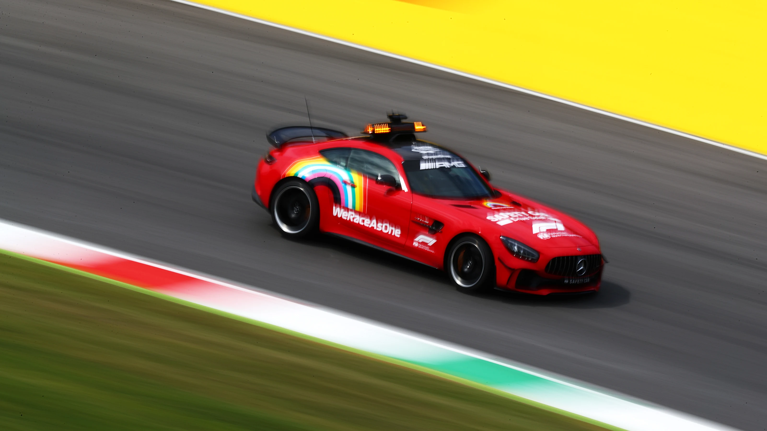 SCARPERIA, ITALY - SEPTEMBER 10: The FIA Safety Car drives on track during previews ahead of the F1