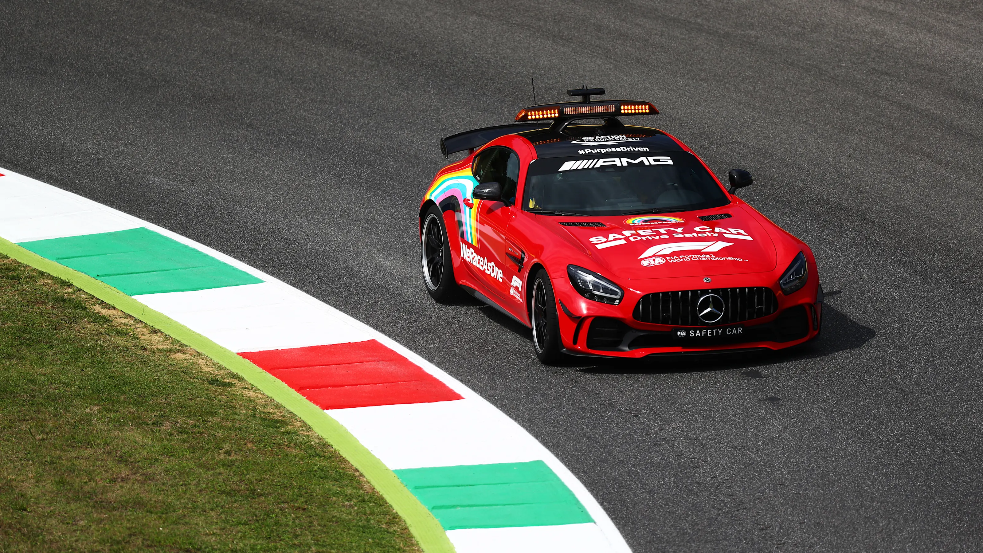 SCARPERIA, ITALY - SEPTEMBER 10: The FIA Safety Car drives on track during previews ahead of the F1