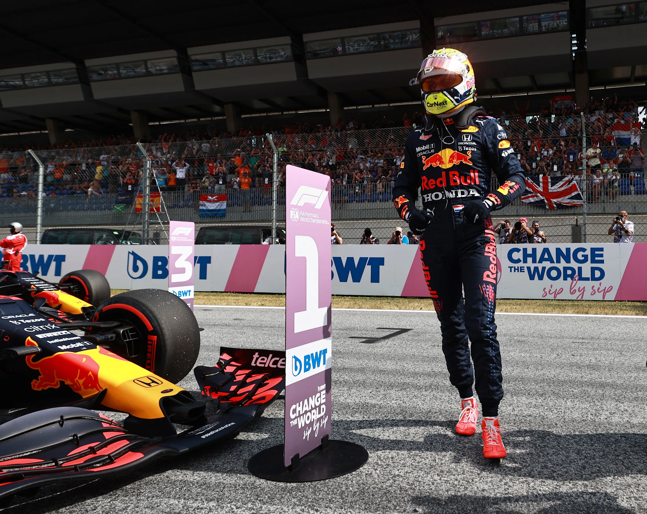 SPIELBERG, AUSTRIA - JULY 03: Pole position qualifier Max Verstappen of Netherlands and Red Bull