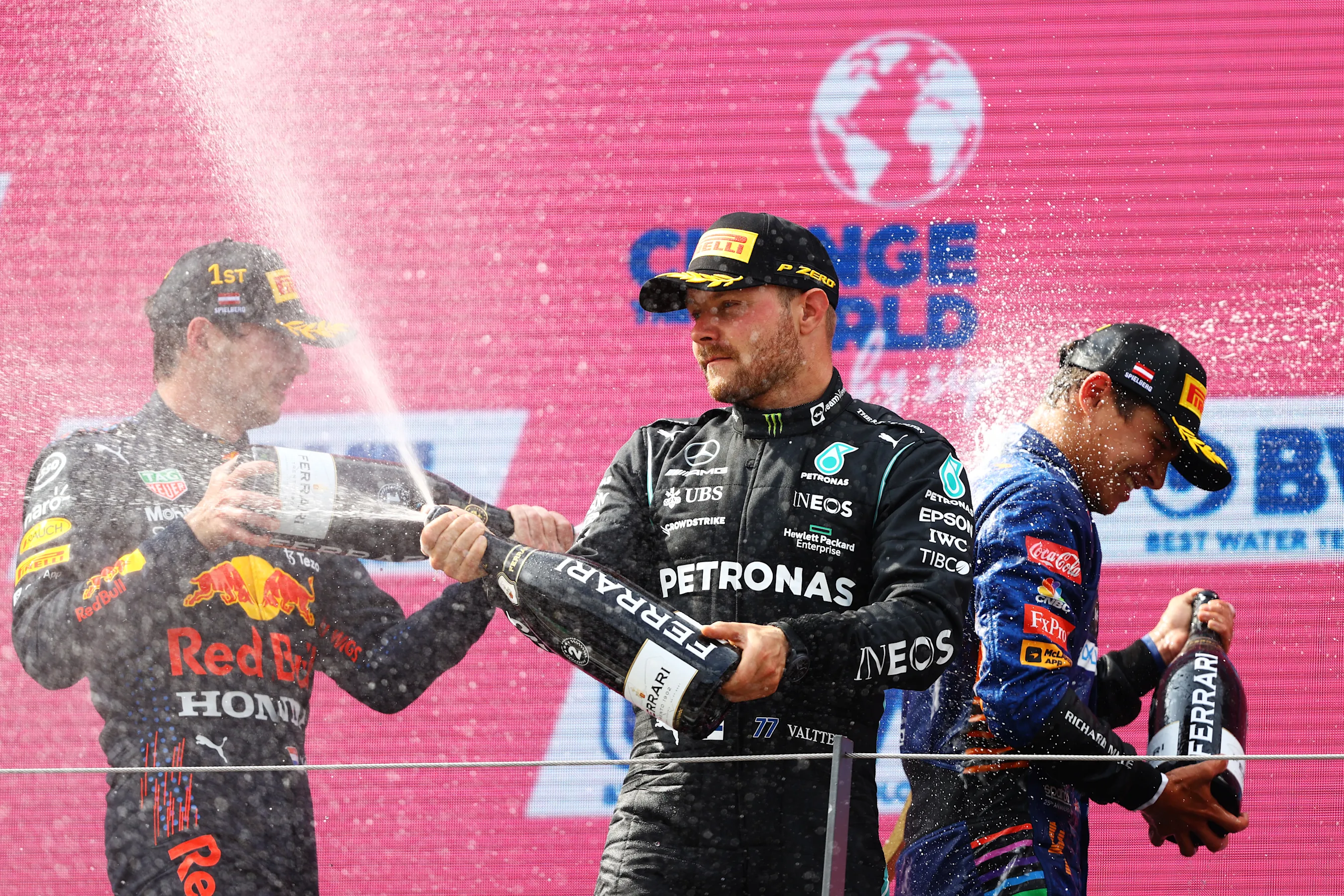 SPIELBERG, AUSTRIA - JULY 04: Second placed Valtteri Bottas of Finland and Mercedes GP celebrates