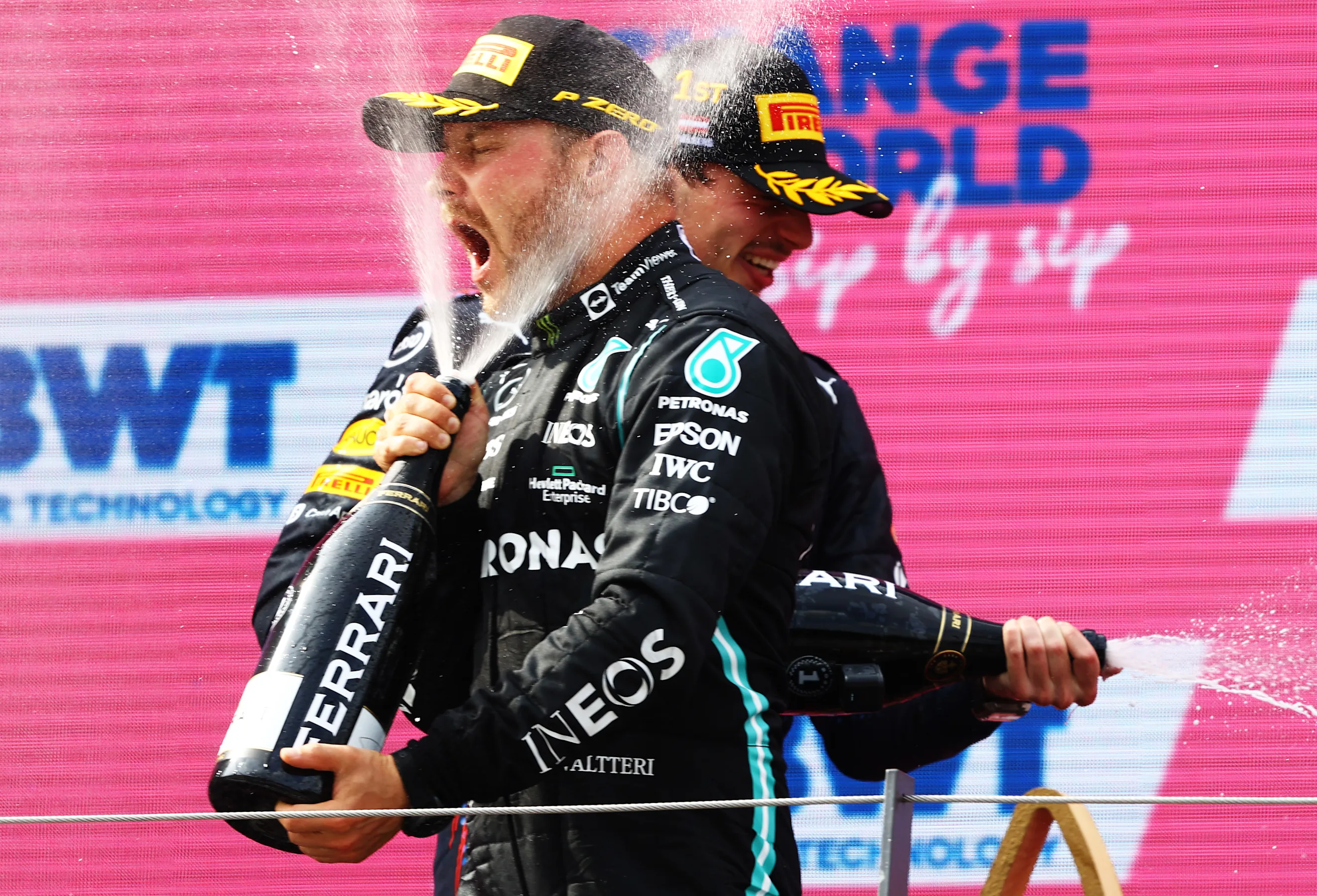 SPIELBERG, AUSTRIA - JULY 04: Second placed Valtteri Bottas of Finland and Mercedes GP celebrates