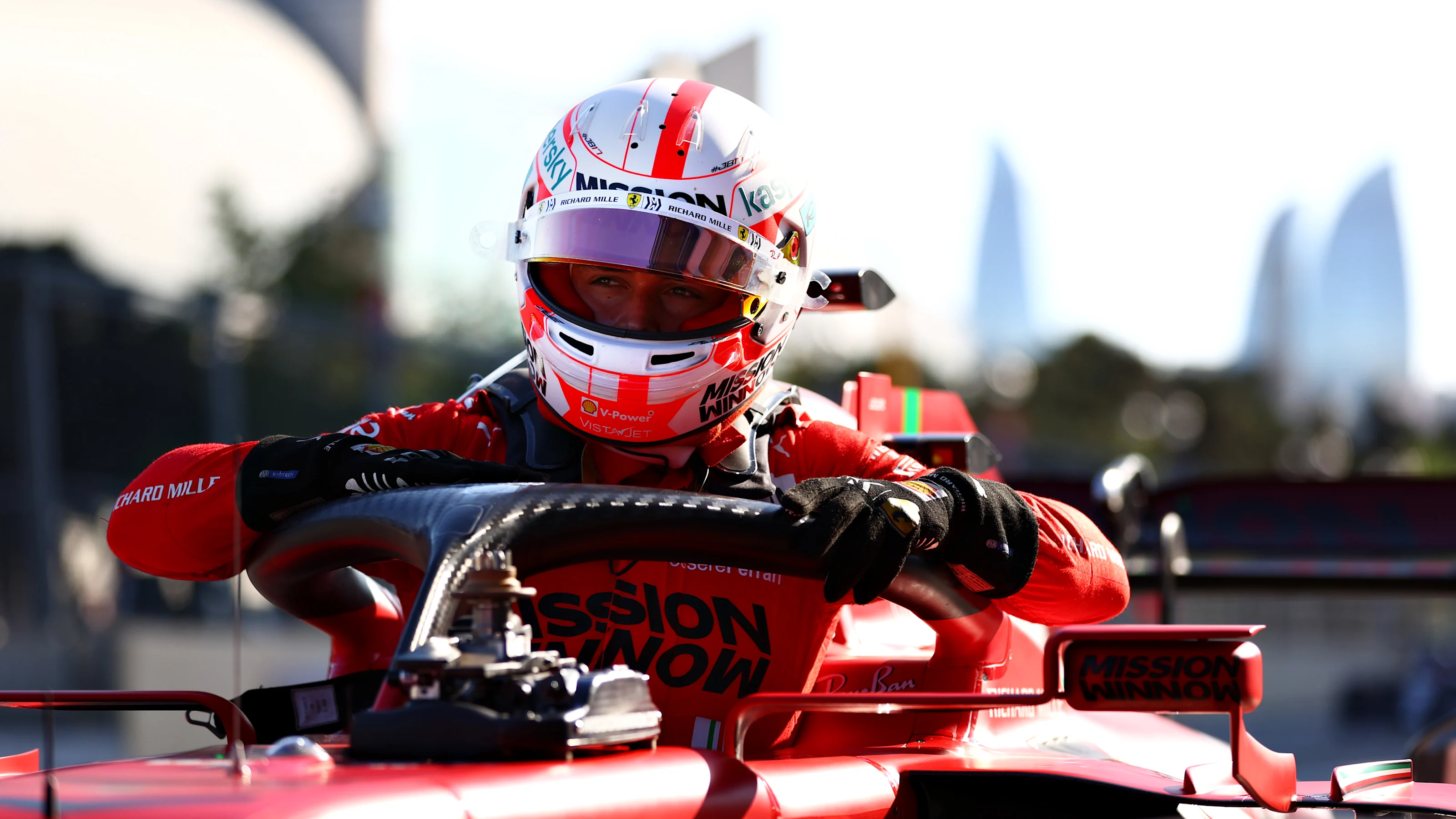 BAKU, AZERBAIJAN - JUNE 05: Pole position qualifier Charles Leclerc of Monaco and Ferrari climbs