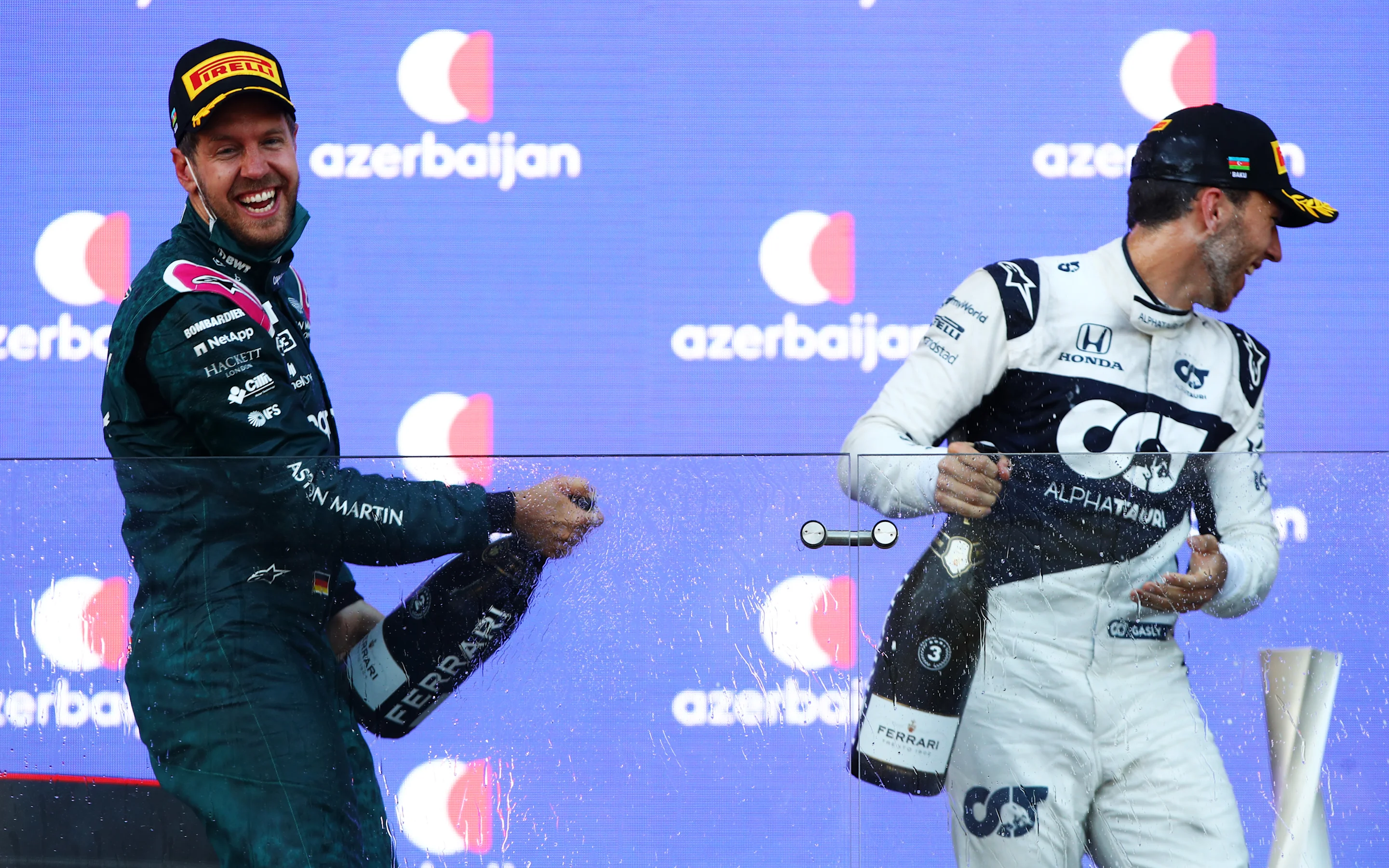 BAKU, AZERBAIJAN - JUNE 06: Second placed Sebastian Vettel of Germany and Aston Martin F1 Team and