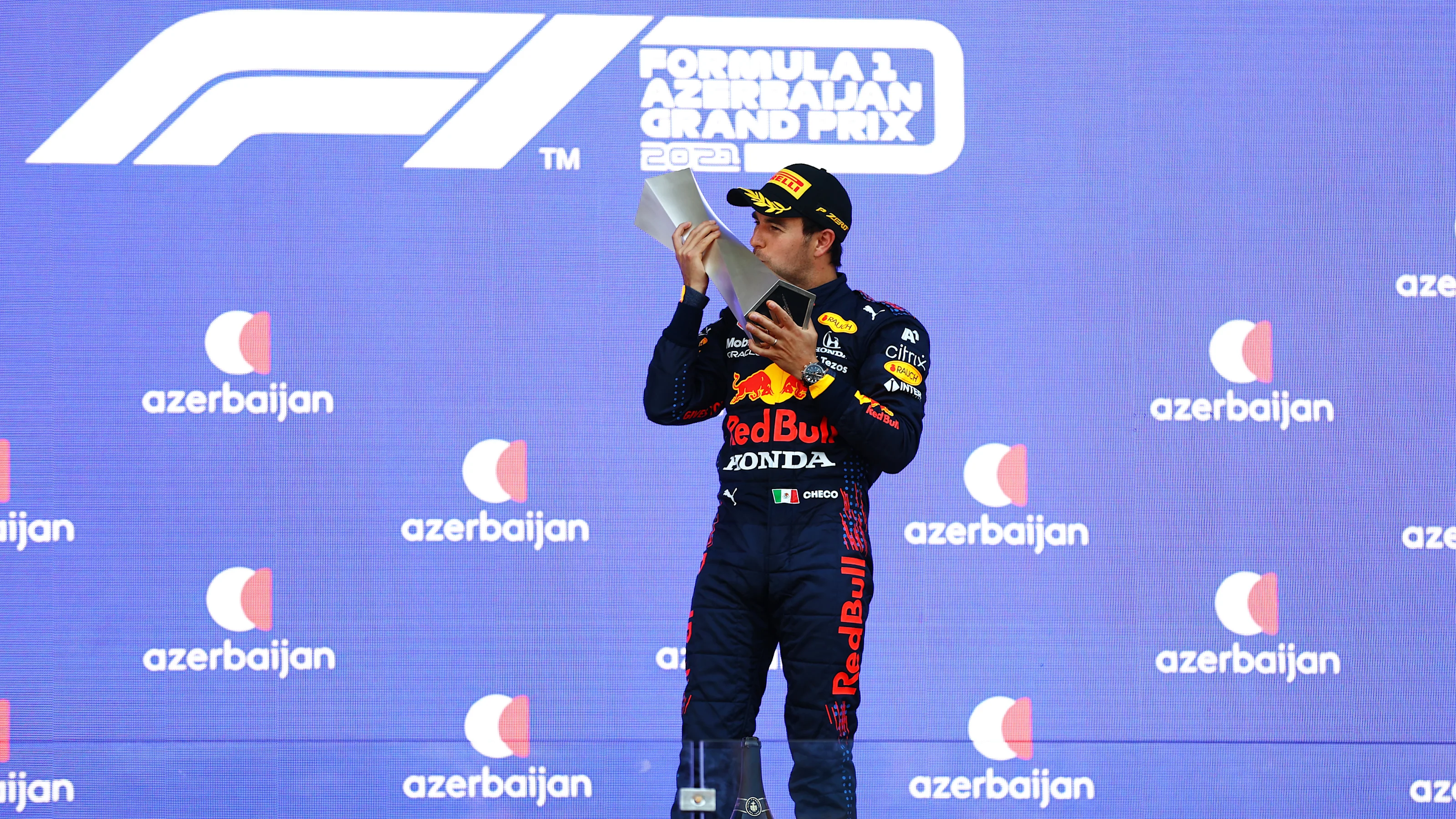 BAKU, AZERBAIJAN - JUNE 06: Race winner Sergio Perez of Mexico and Red Bull Racing celebrates on