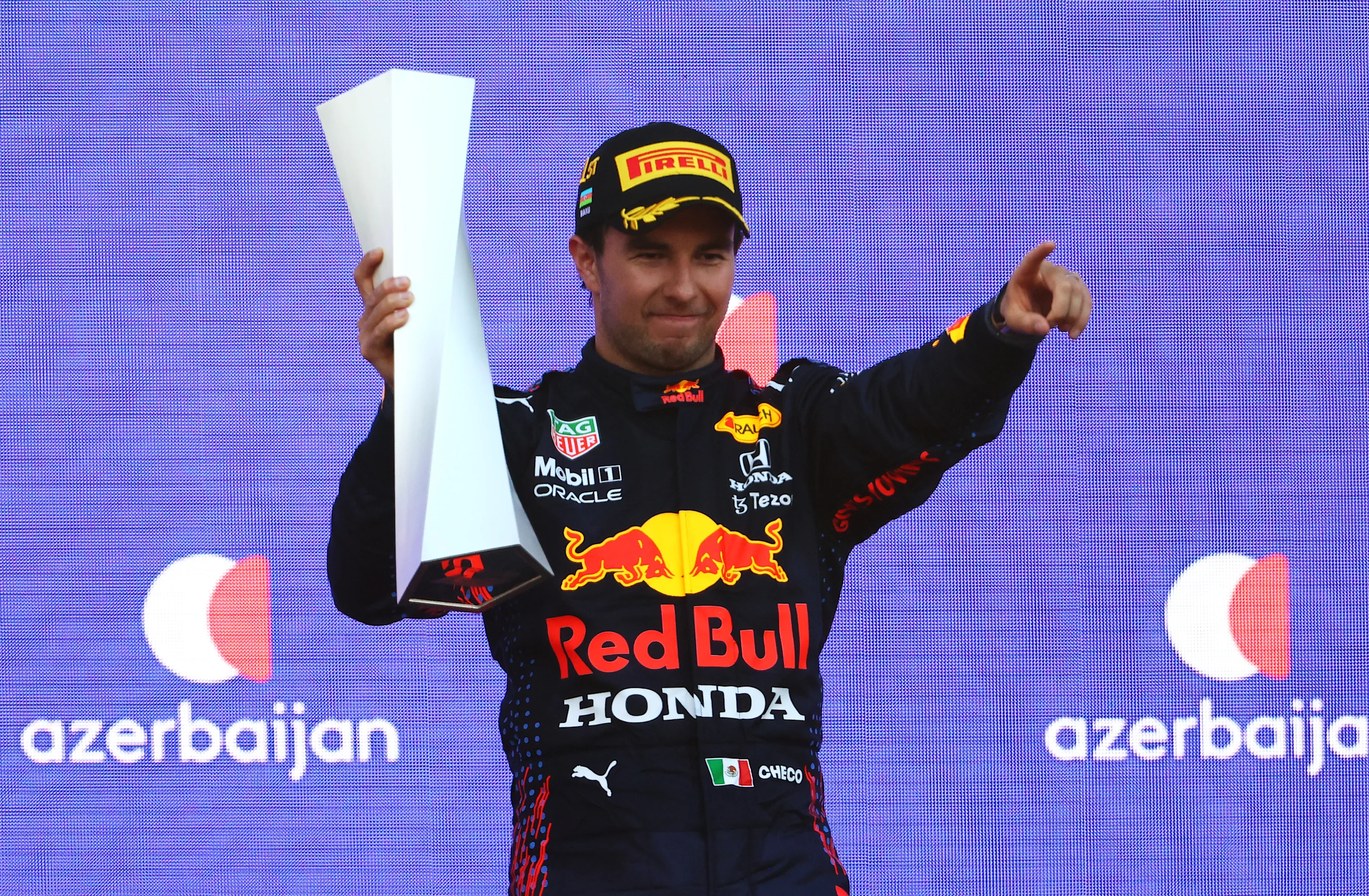 BAKU, AZERBAIJAN - JUNE 06: Race winner Sergio Perez of Mexico and Red Bull Racing celebrates on