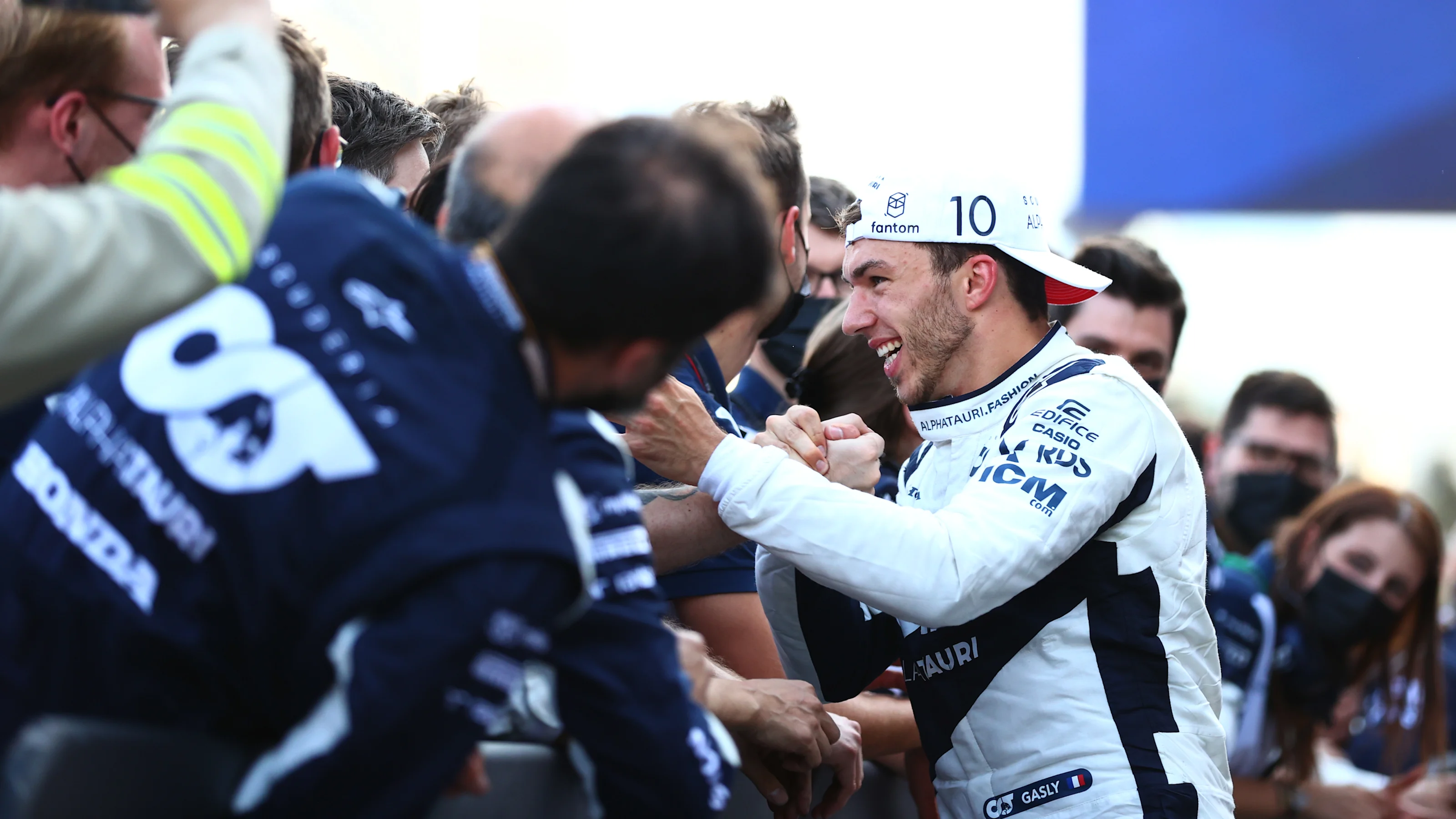 BAKU, AZERBAIJAN - JUNE 06: Third placed Pierre Gasly of France and Scuderia AlphaTauri celebrates