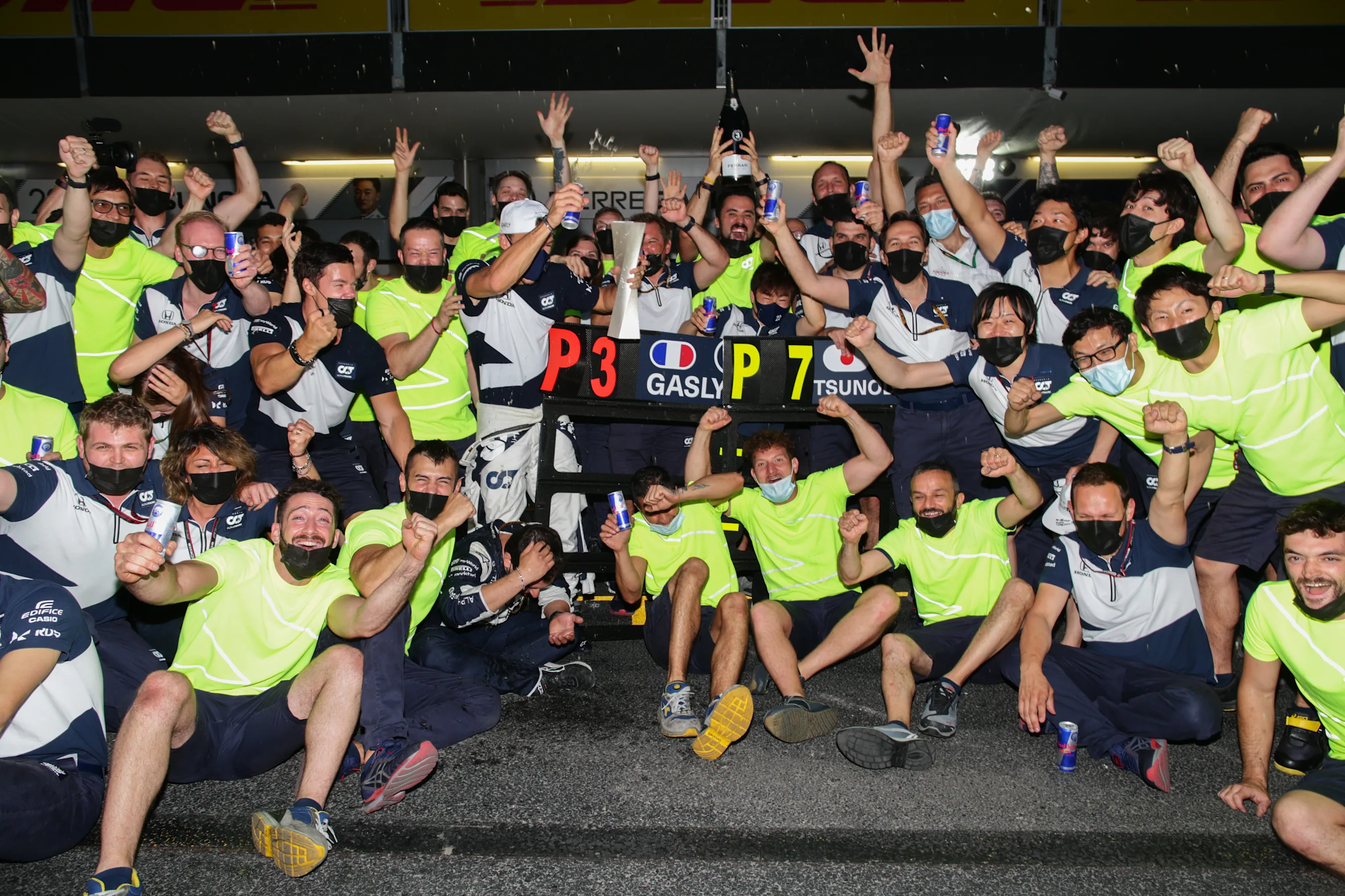 BAKU, AZERBAIJAN - JUNE 06: Scuderia AlphaTauri celebrate 3rd and 7th positions during the F1 Grand
