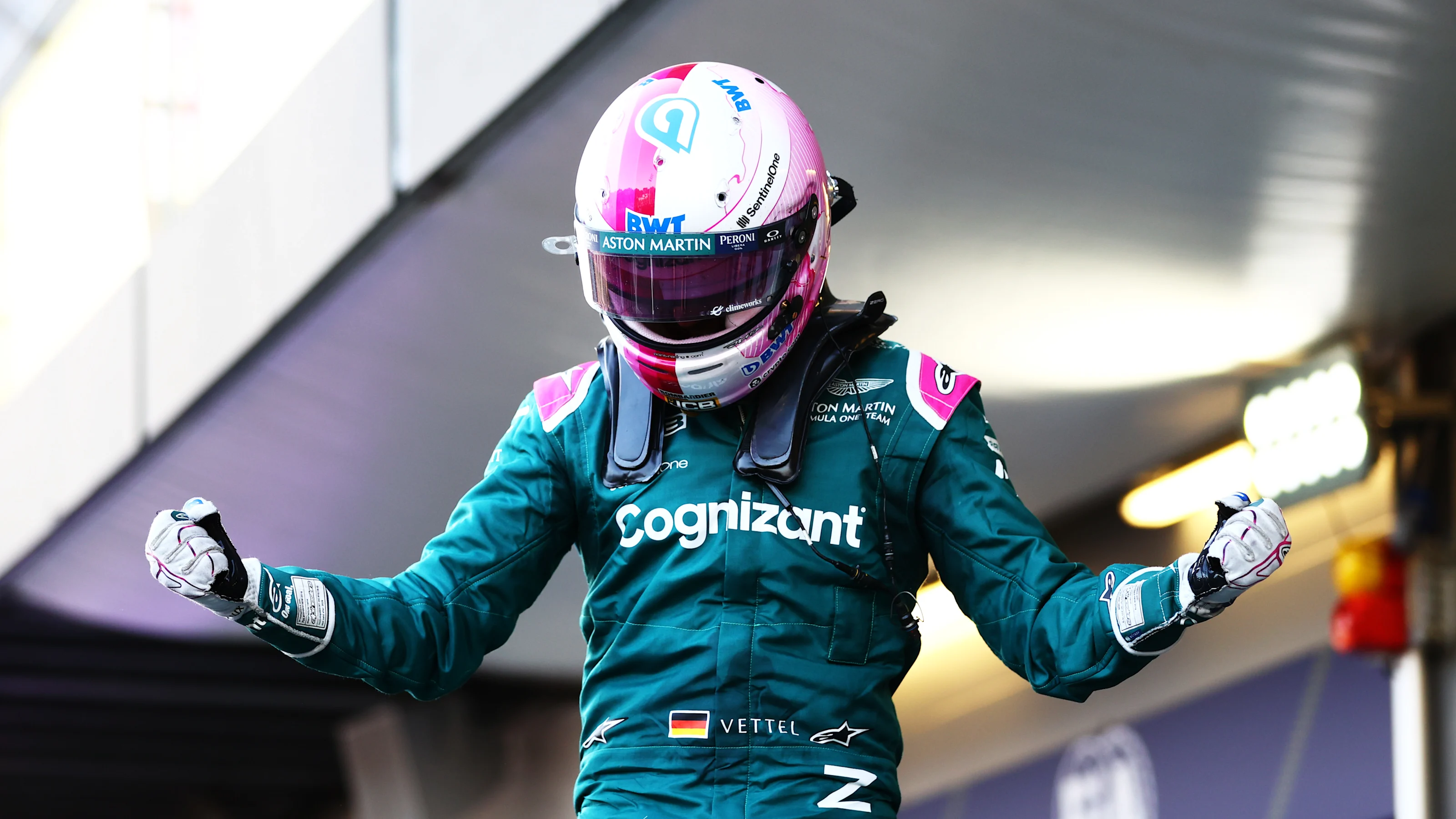 BAKU, AZERBAIJAN - JUNE 06: Second placed Sebastian Vettel of Germany and Aston Martin F1 Team