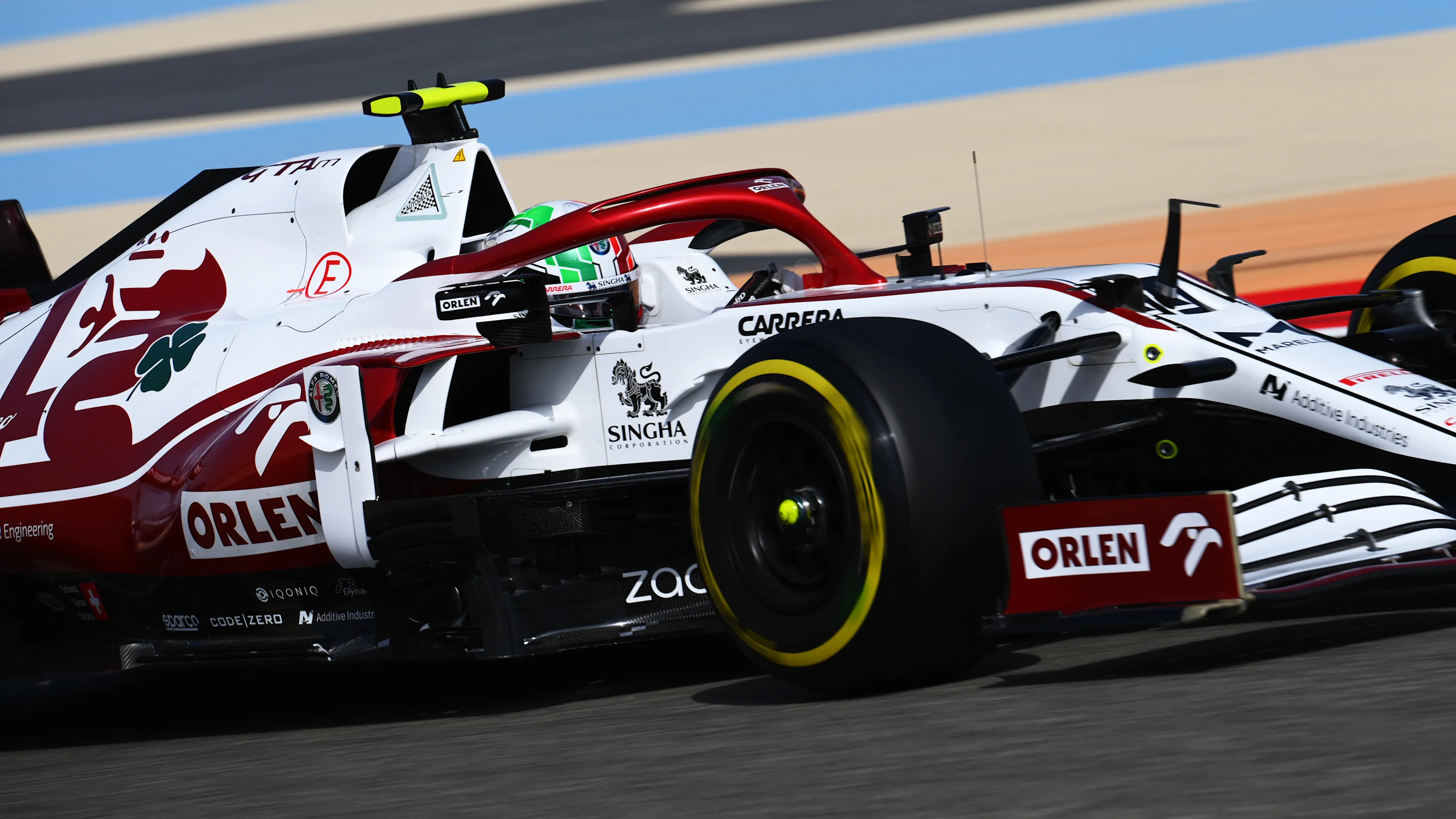 BAHRAIN, BAHRAIN - MARCH 26: Antonio Giovinazzi of Italy driving the (99) Alfa Romeo Racing C41
