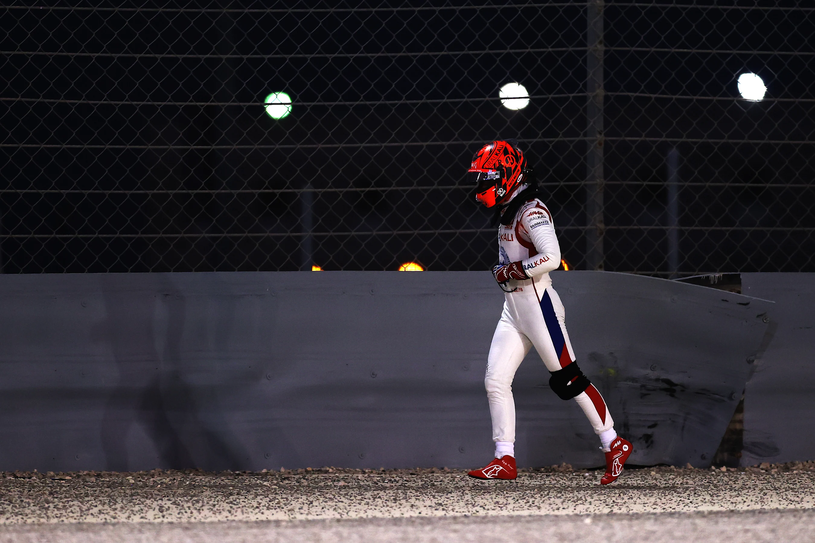 BAHRAIN, BAHRAIN - MARCH 28: Nikita Mazepin of Russia and Haas F1 makes his way off the circuit