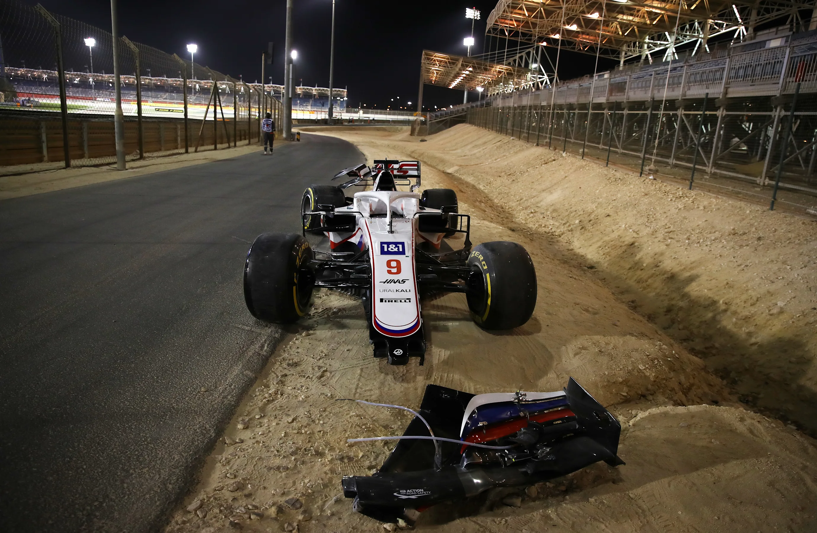 BAHRAIN, BAHRAIN - MARCH 28: The abandoned car of Nikita Mazepin of Russia and Haas F1 is seen at