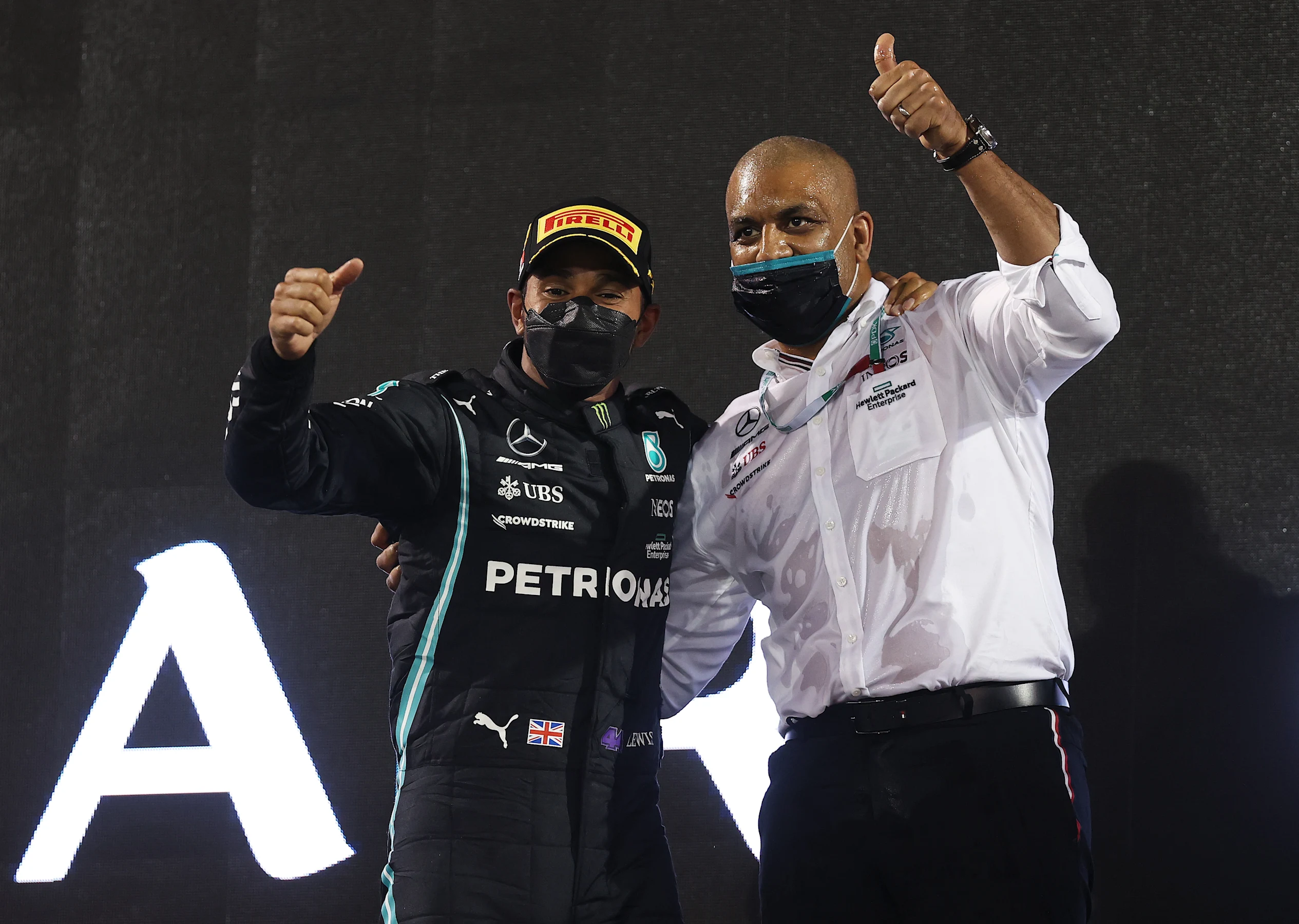 BAHRAIN, BAHRAIN - MARCH 28: Race winner Lewis Hamilton of Great Britain and Mercedes GP and