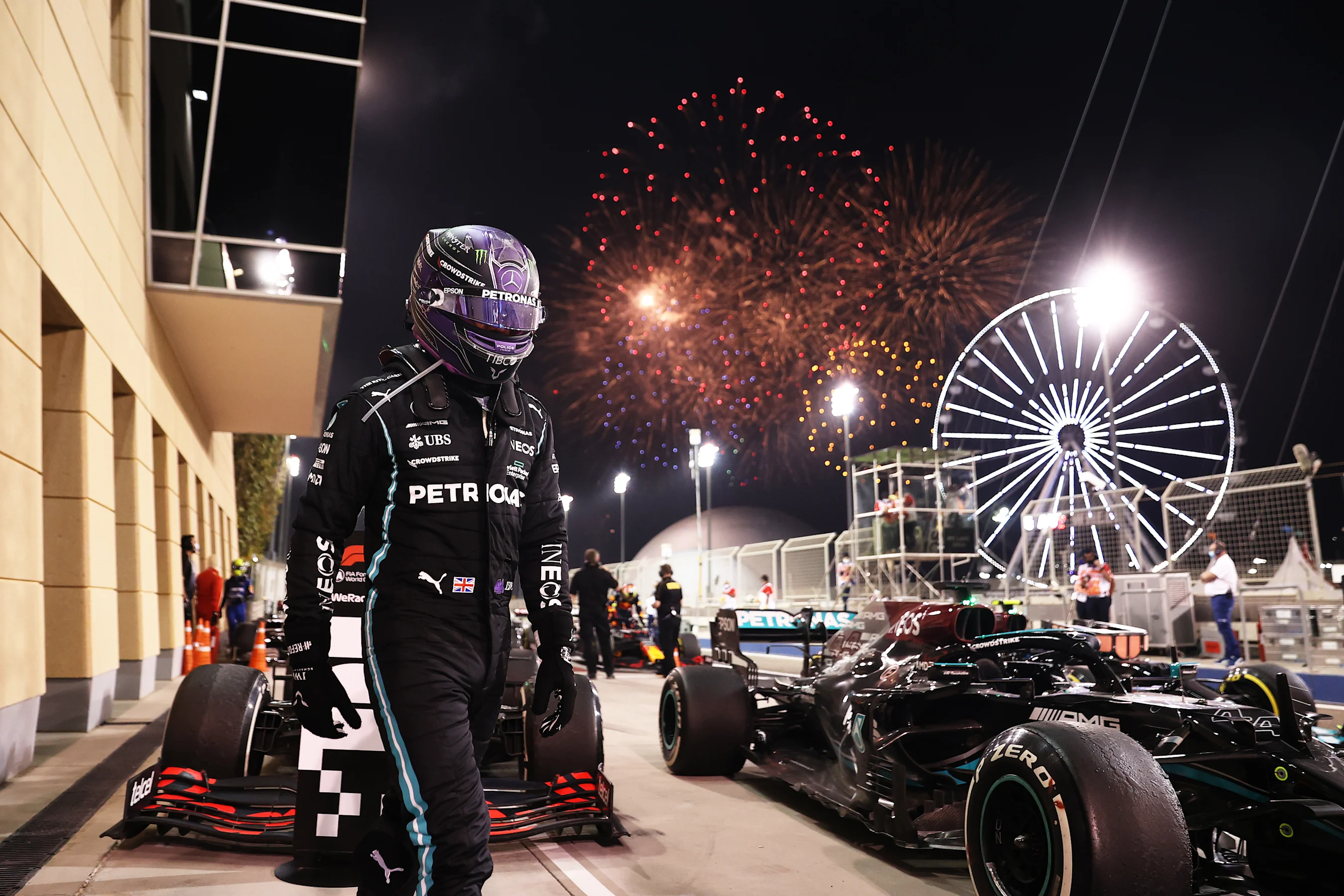 BAHRAIN, BAHRAIN - MARCH 28: Race winner Lewis Hamilton of Great Britain and Mercedes GP looks on