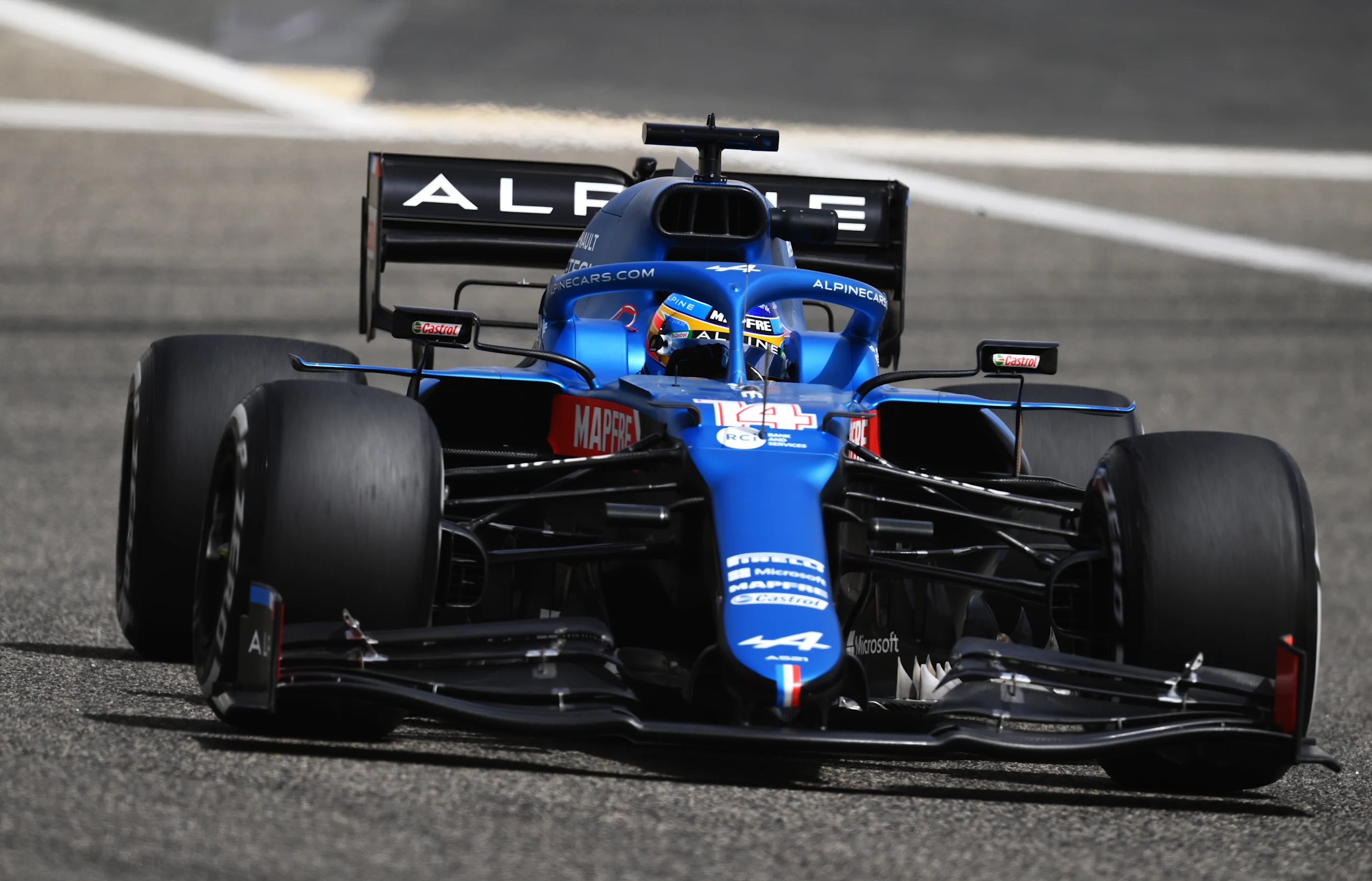 BAHRAIN, BAHRAIN - MARCH 13: Fernando Alonso of Spain driving the (14) Alpine A521 Renault on track