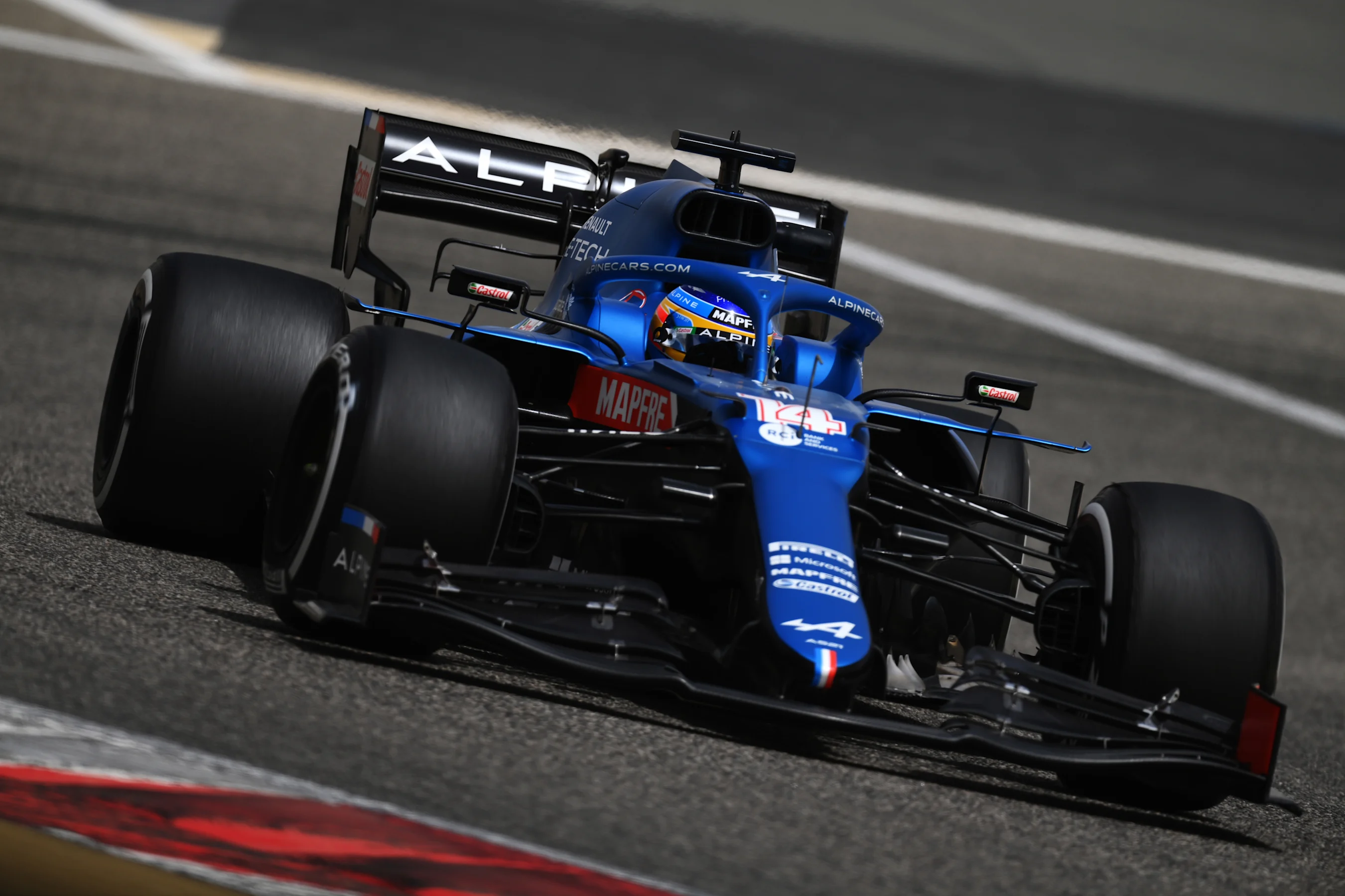 BAHRAIN, BAHRAIN - MARCH 13: Fernando Alonso of Spain driving the (14) Alpine A521 Renault on track
