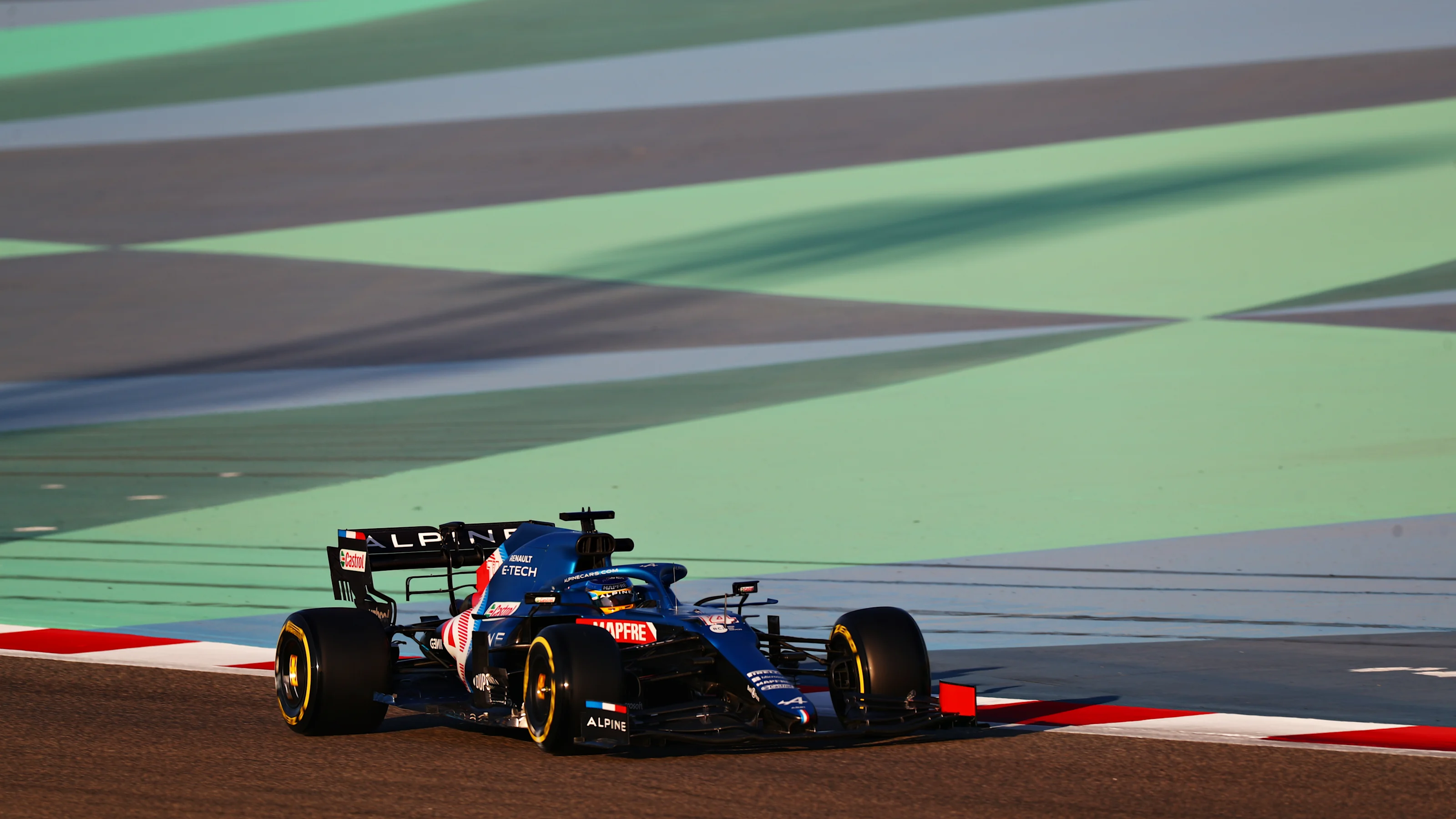 BAHRAIN, BAHRAIN - MARCH 14: Fernando Alonso of Spain driving the (14) Alpine A521 Renault during