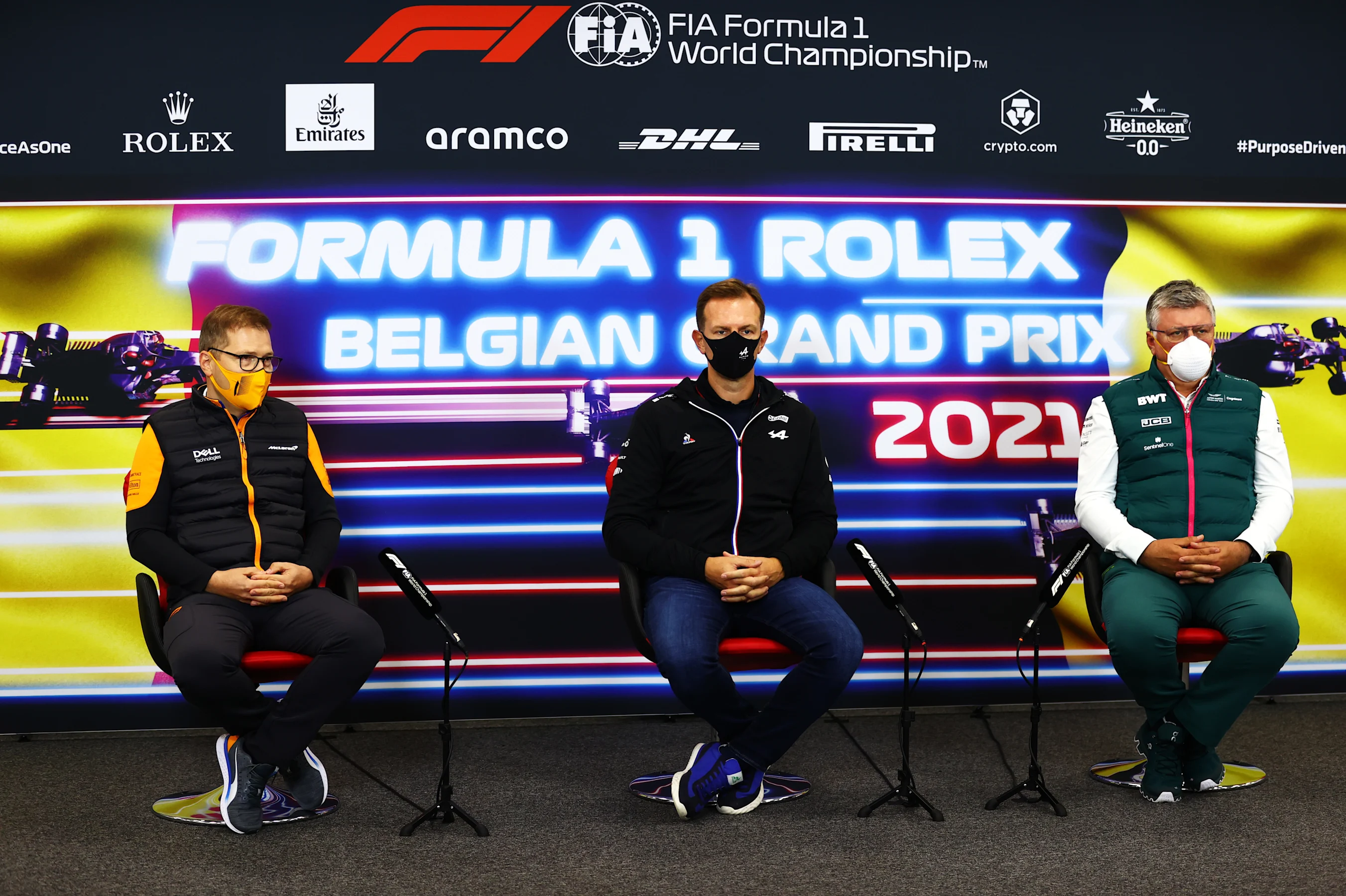 SPA, BELGIUM - AUGUST 27: McLaren Team Principal Andreas Seidl, Laurent Rossi, CEO of Alpine F1 and