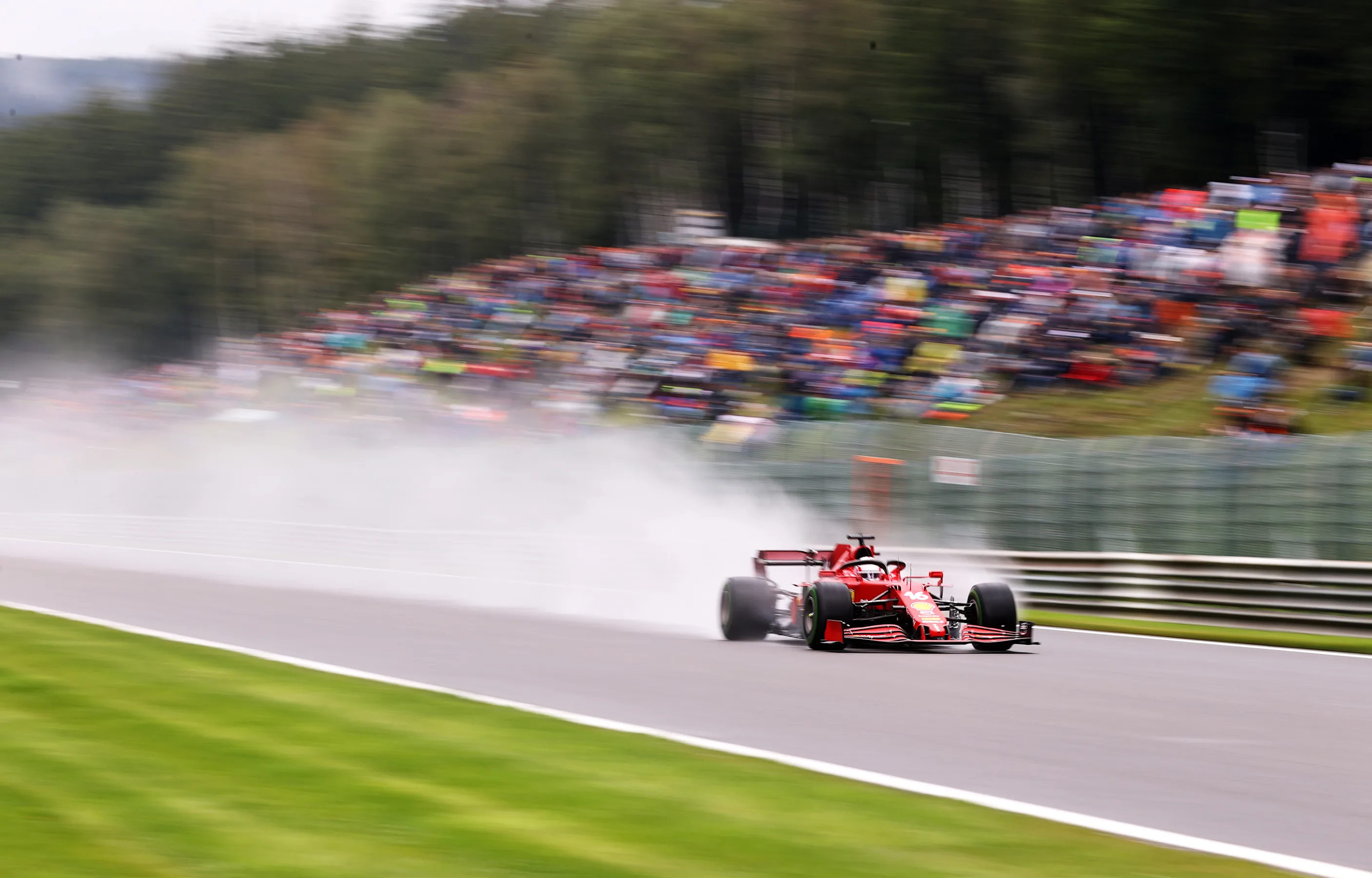 SPA, BELGIUM - AUGUST 28: Charles Leclerc of Monaco driving the (16) Scuderia Ferrari SF21 during