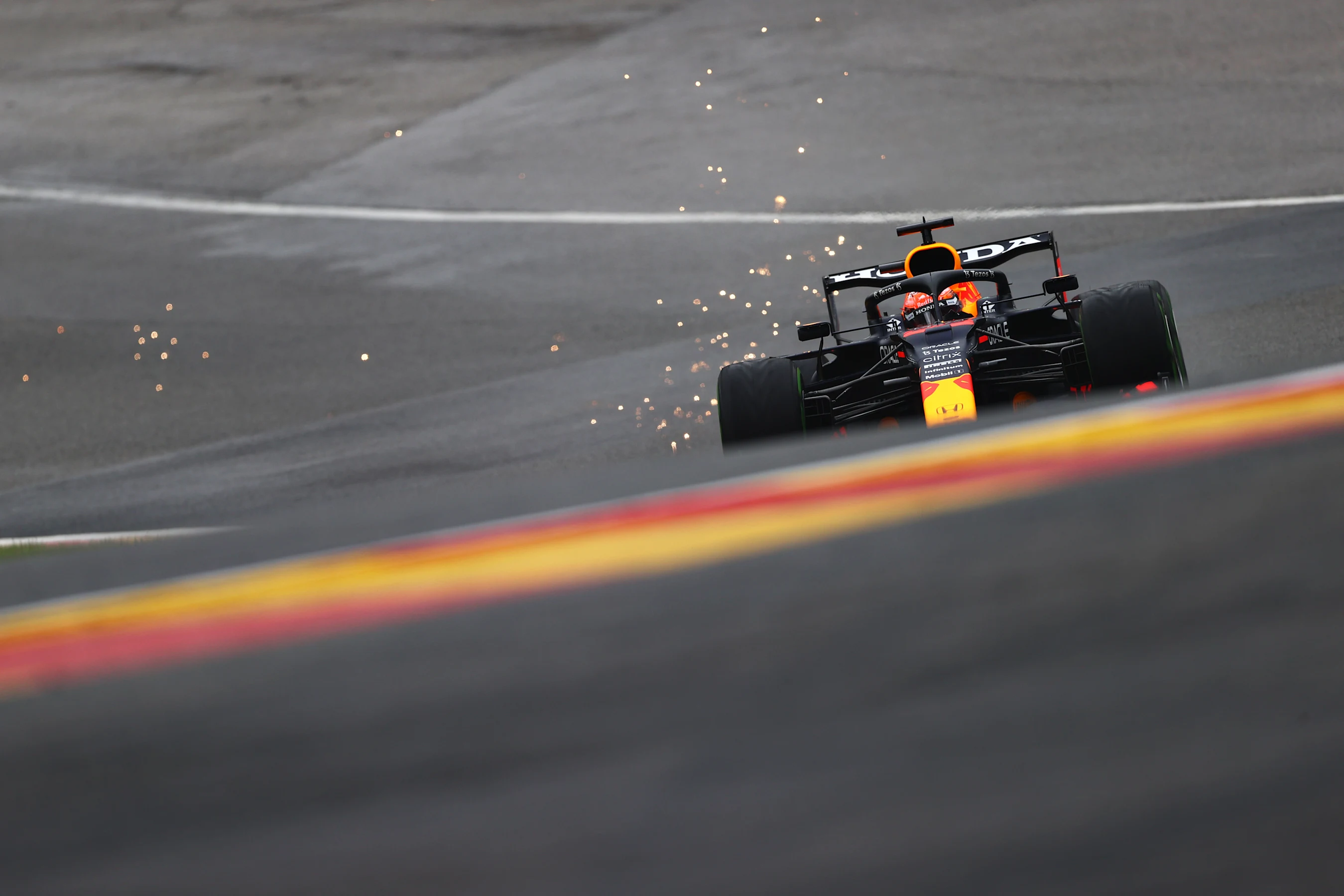 SPA, BELGIUM - AUGUST 28: Max Verstappen of the Netherlands driving the (33) Red Bull Racing RB16B