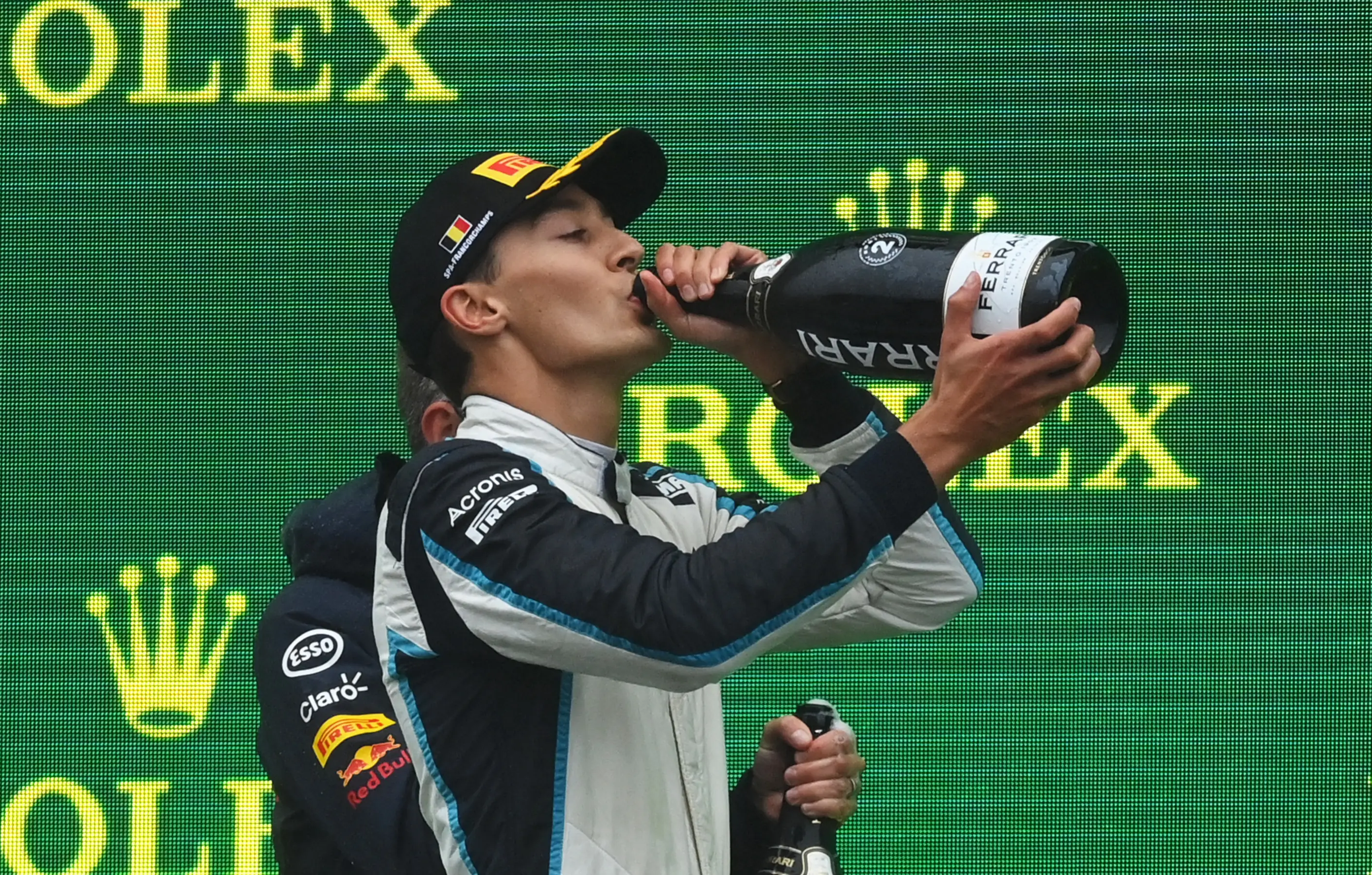 SPA, BELGIUM - AUGUST 29: Second placed George Russell of Great Britain and Williams celebrates on
