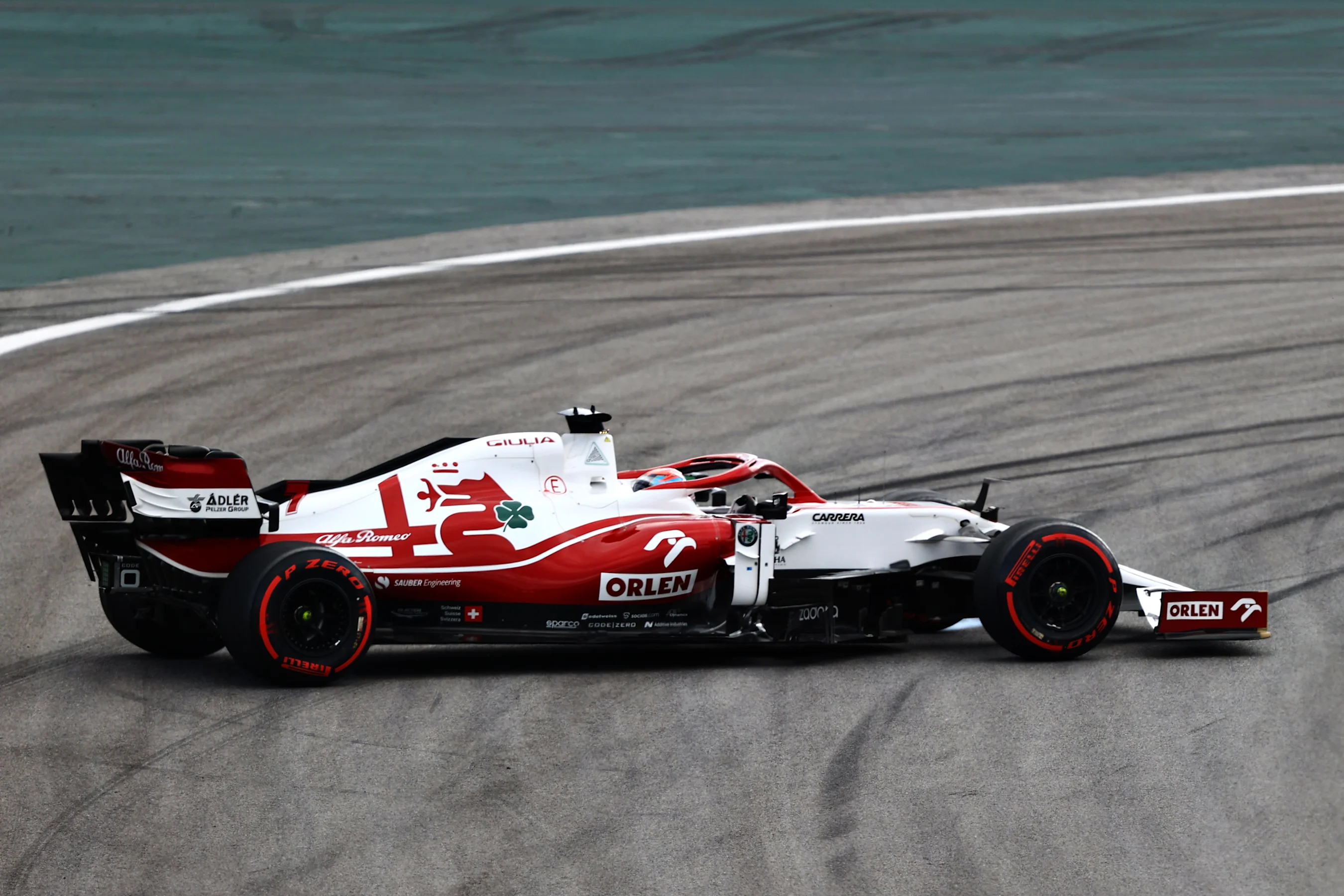 SAO PAULO, BRAZIL - NOVEMBER 13: Kimi Raikkonen of Finland driving the (7) Alfa Romeo Racing C41