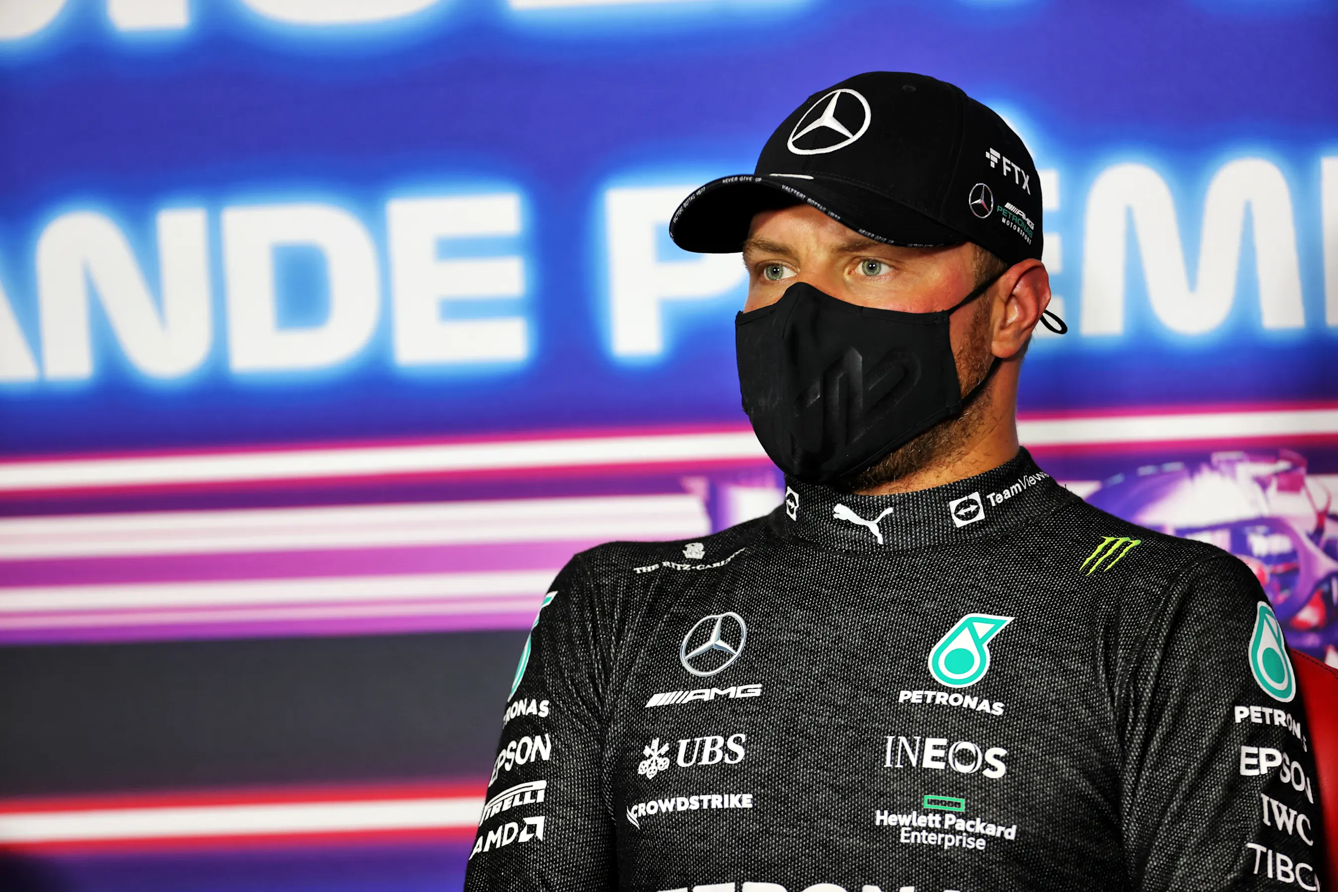 SAO PAULO, BRAZIL - NOVEMBER 13: Sprint winner Valtteri Bottas of Finland and Mercedes GP talks in