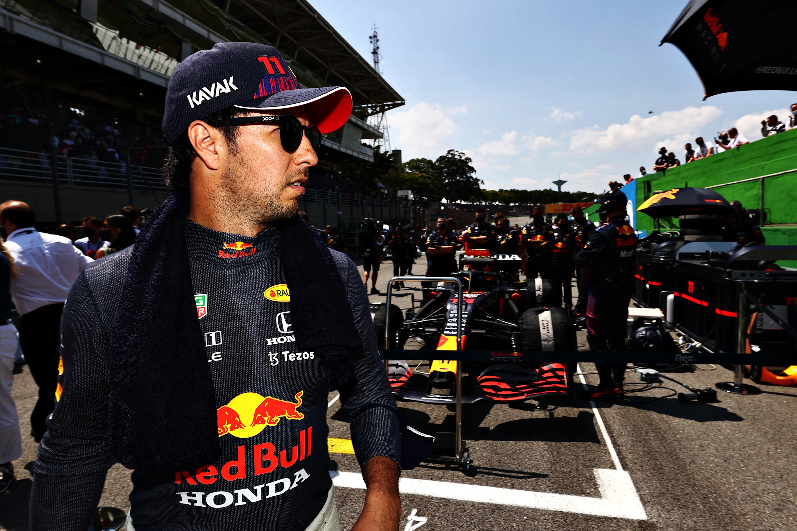 SAO PAULO, BRAZIL - NOVEMBER 14: Sergio Perez of Mexico and Red Bull Racing prepares to drive on