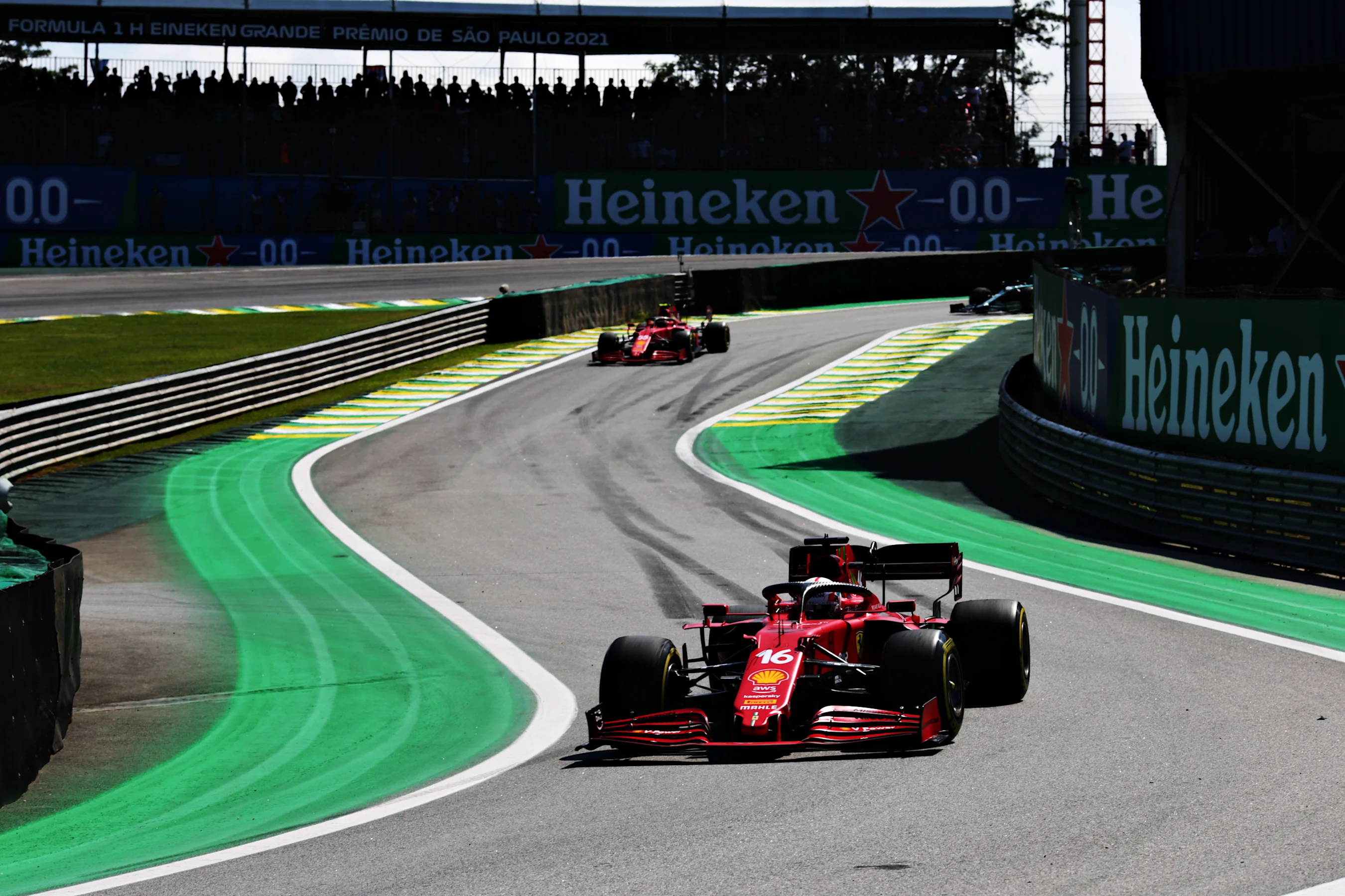 SAO PAULO, BRAZIL - NOVEMBER 14: Charles Leclerc of Monaco driving the (16) Scuderia Ferrari SF21