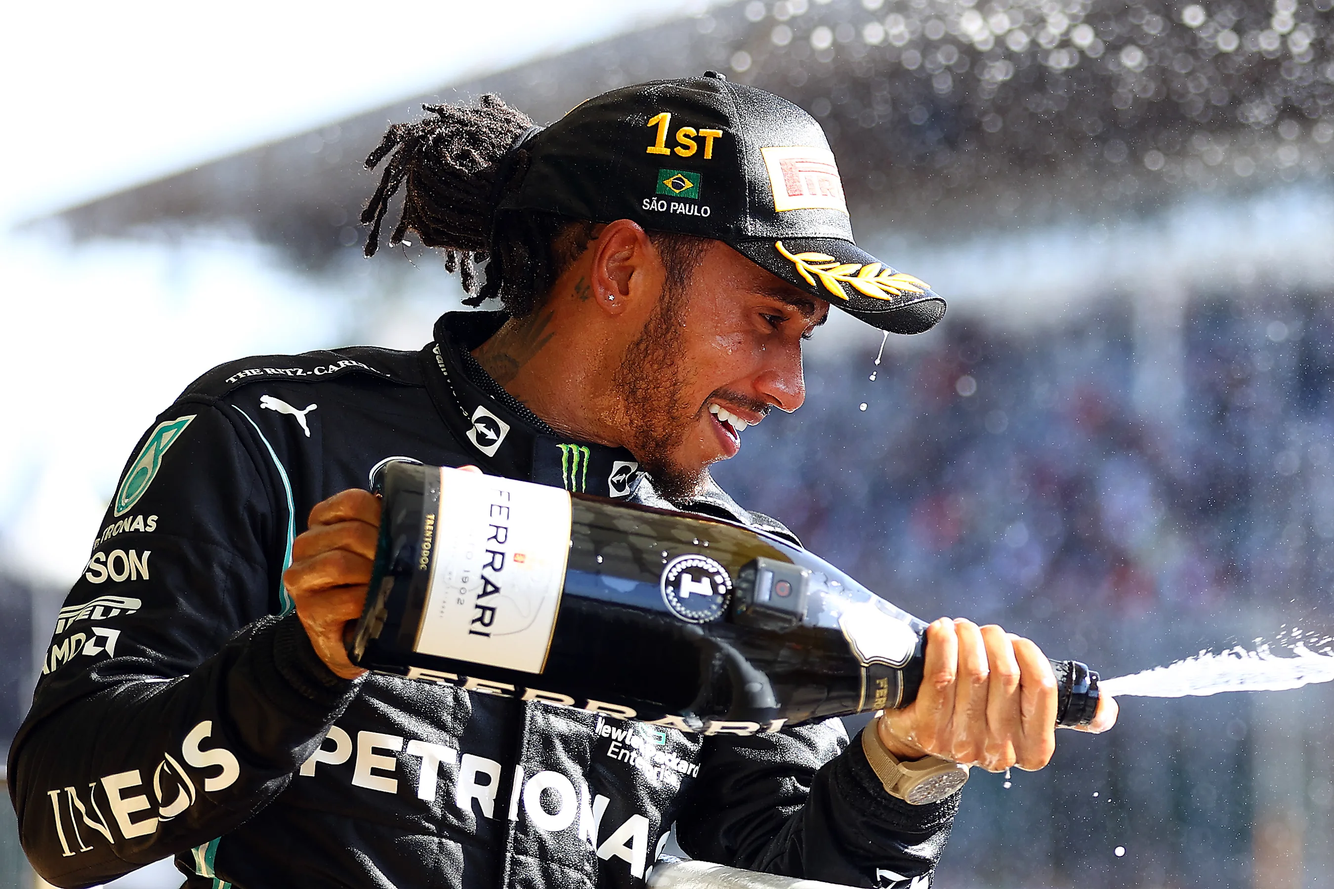 SAO PAULO, BRAZIL - NOVEMBER 14: Race winner Lewis Hamilton of Great Britain and Mercedes GP
