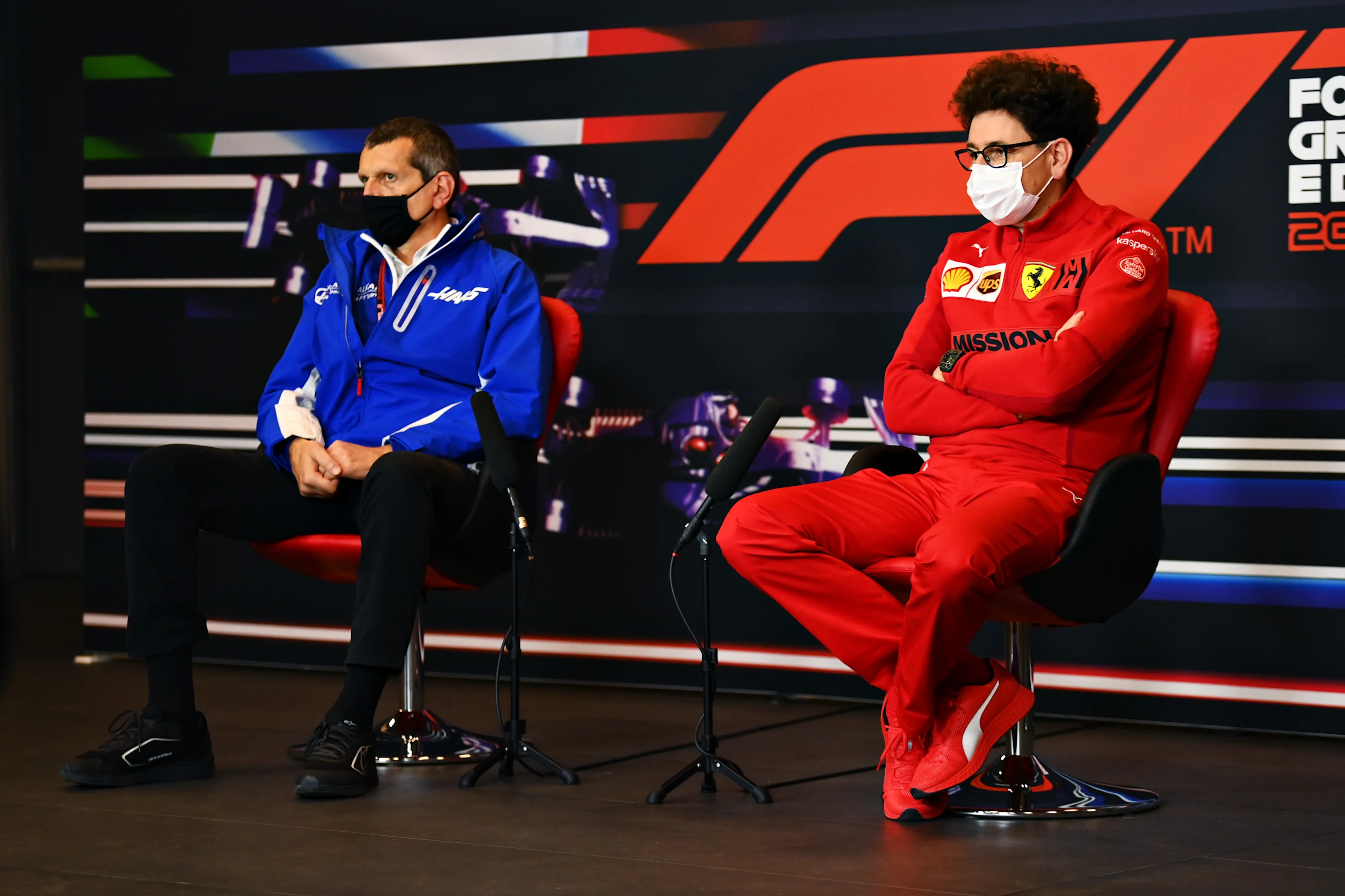 IMOLA, ITALY - APRIL 16: Scuderia Ferrari Team Principal Mattia Binotto and Haas F1 Team Principal