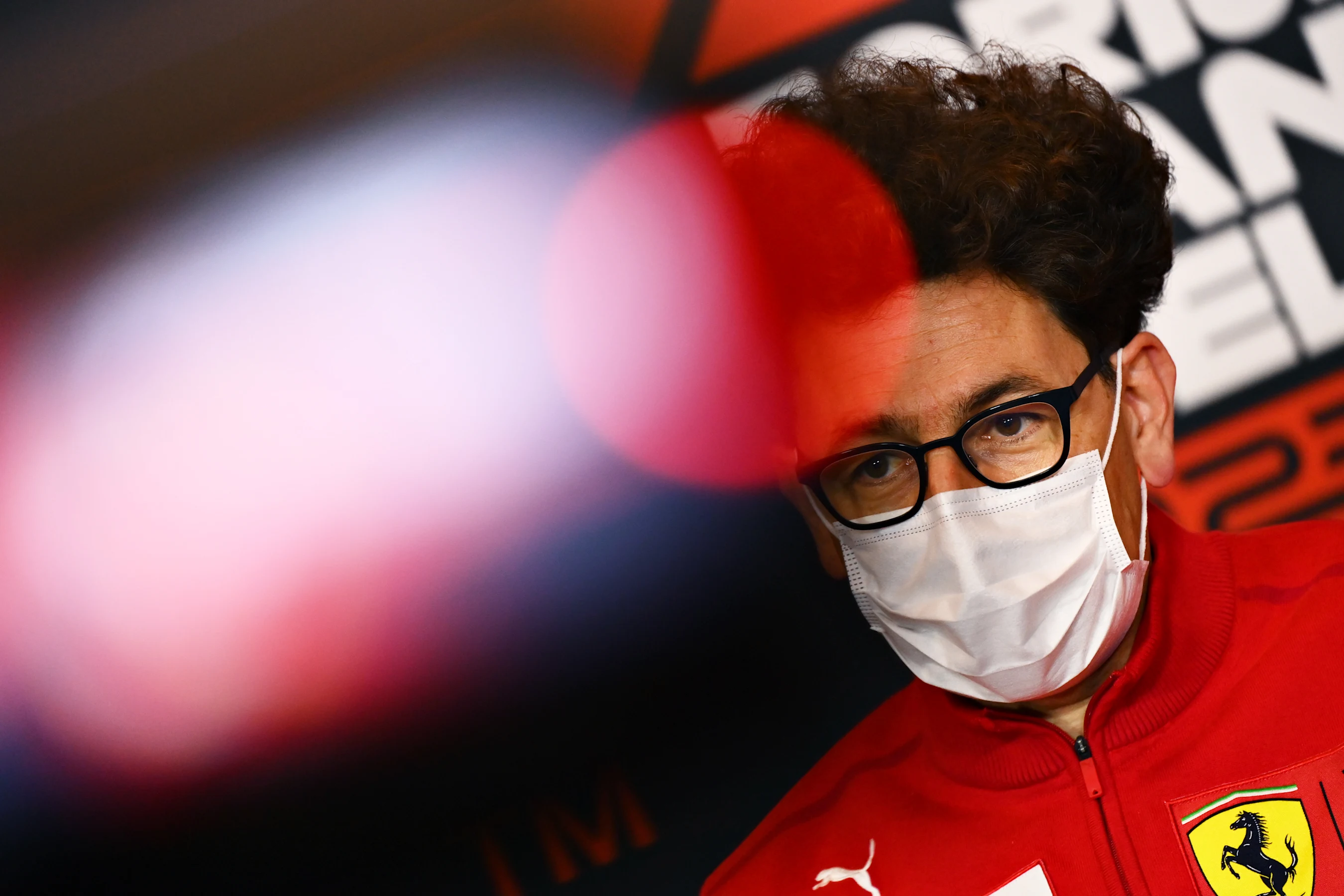 IMOLA, ITALY - APRIL 16: Scuderia Ferrari Team Principal Mattia Binotto talks in the Team