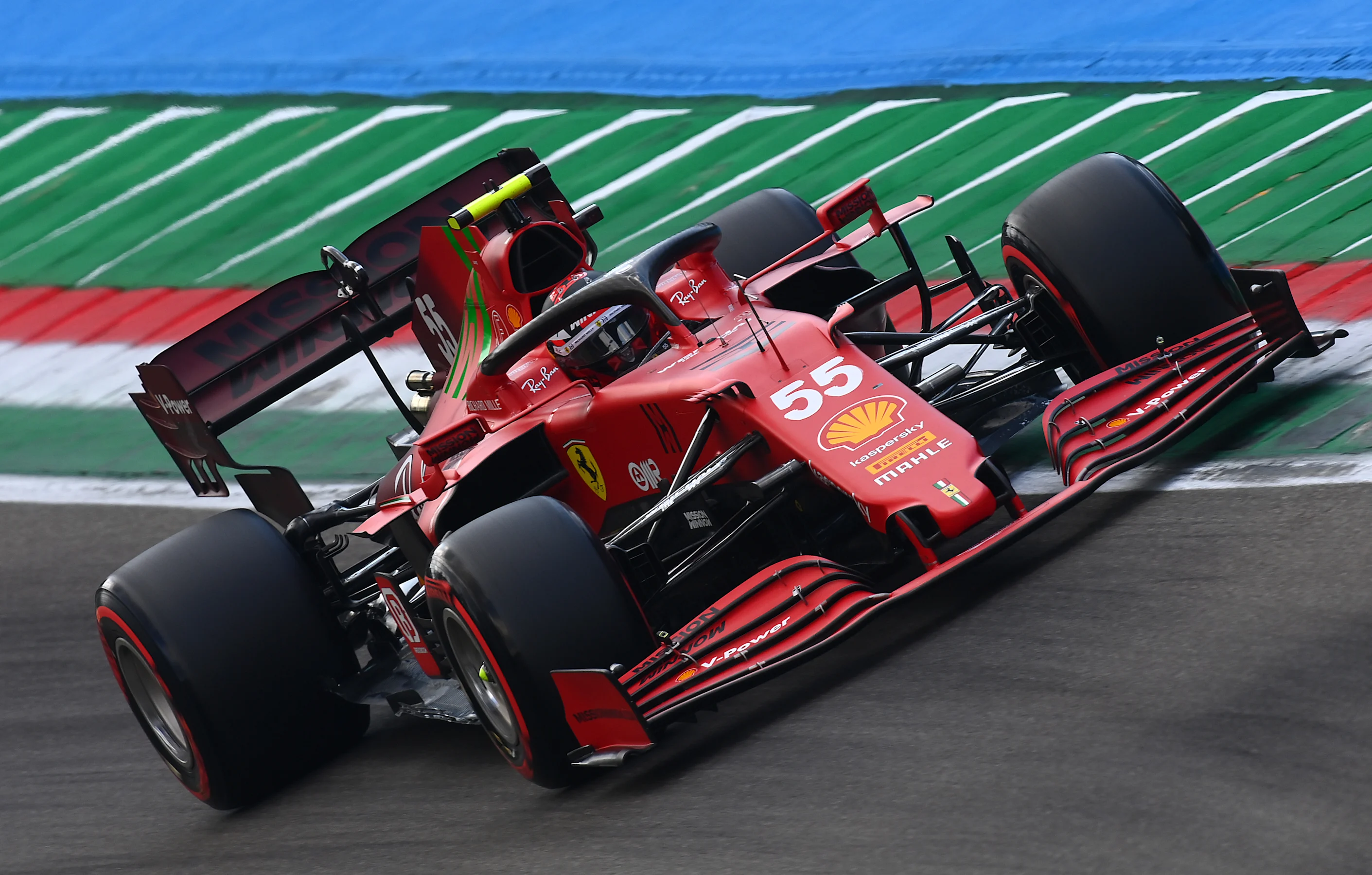 IMOLA, ITALY - APRIL 17: Carlos Sainz of Spain driving the (55) Scuderia Ferrari SF21 on track