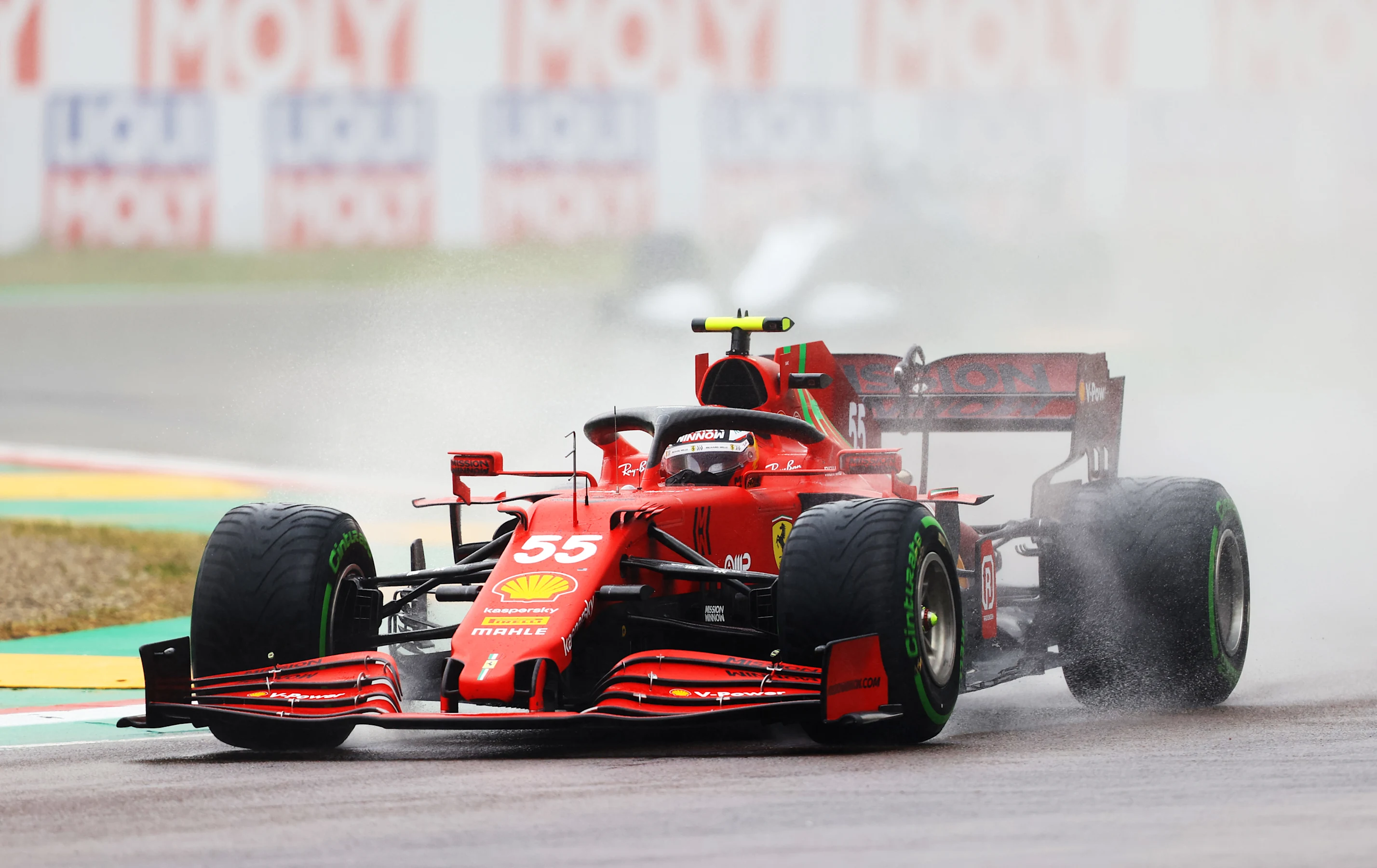 IMOLA, ITALY - APRIL 18: Carlos Sainz of Spain driving the (55) Scuderia Ferrari SF21 on track