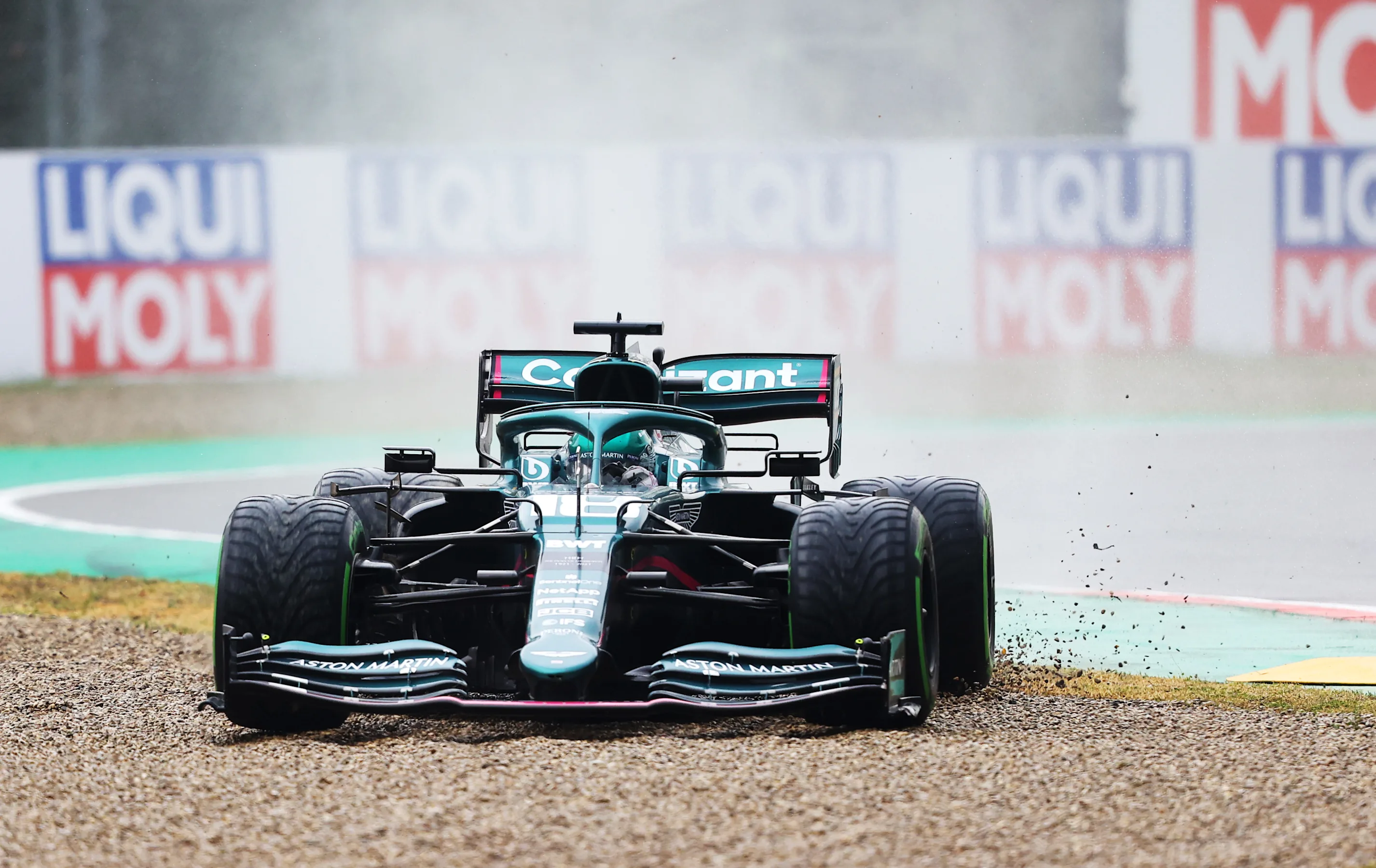 IMOLA, ITALY - APRIL 18: Lance Stroll of Canada driving the (18) Aston Martin AMR21 Mercedes runs
