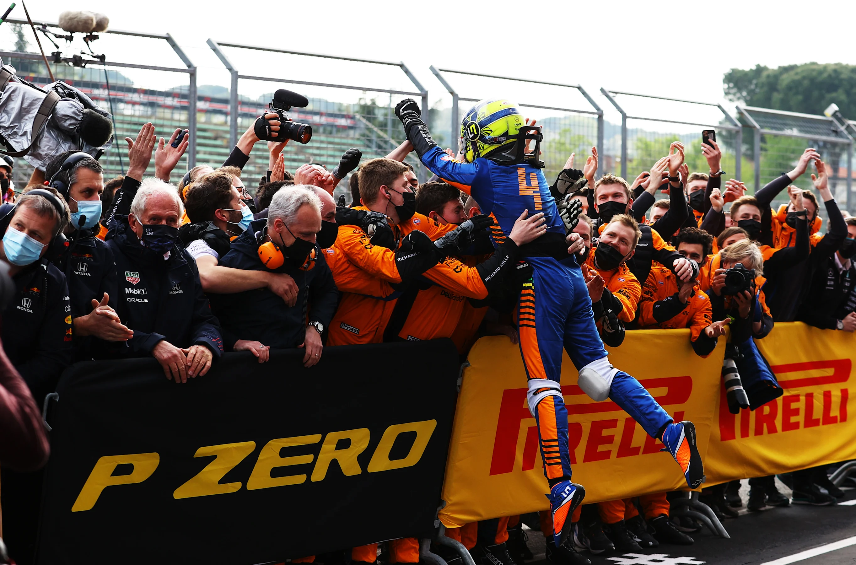 IMOLA, ITALY - APRIL 18: Third placed Lando Norris of Great Britain and McLaren F1 celebrates in