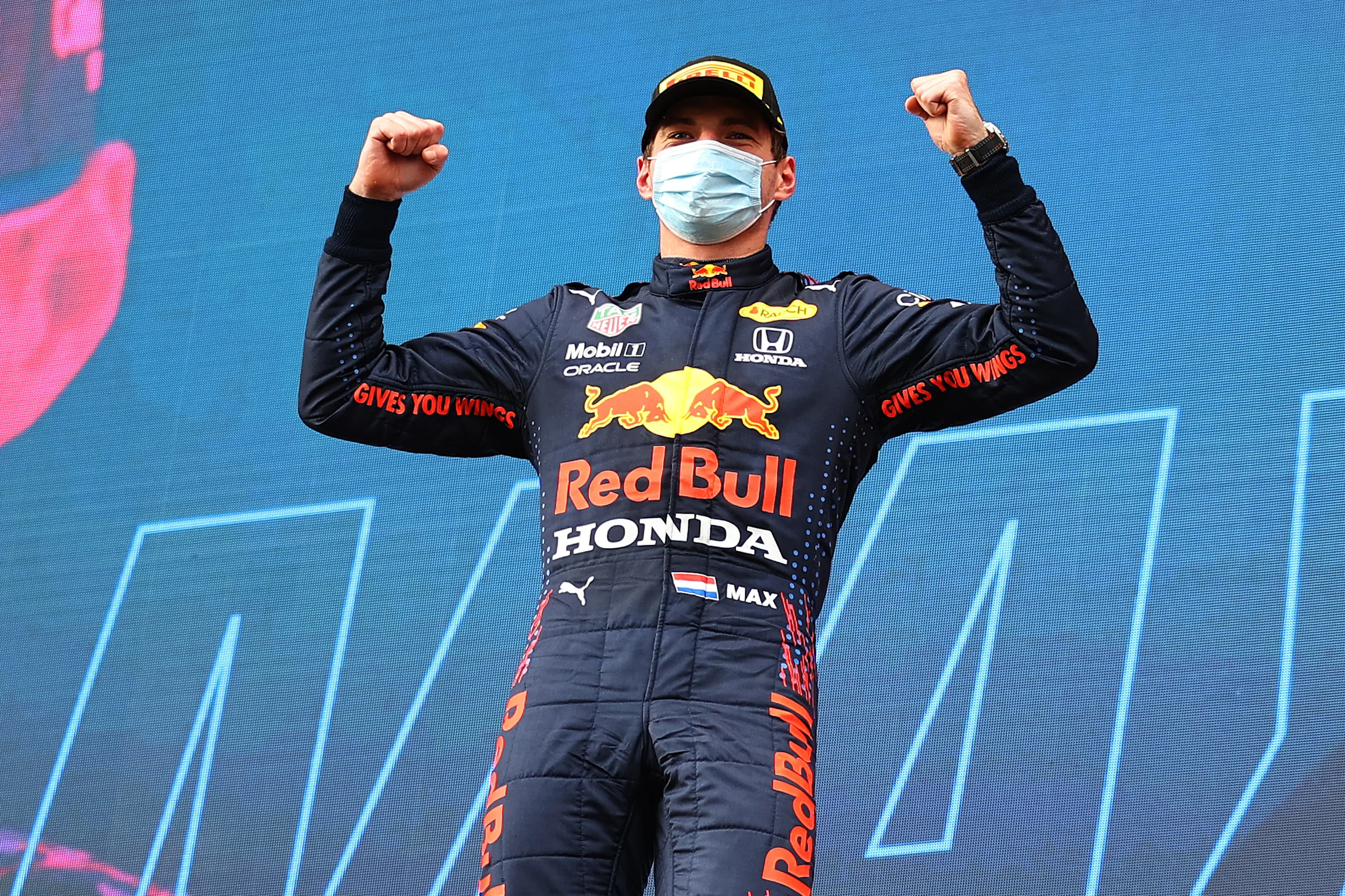 IMOLA, ITALY - APRIL 18: Race winner Max Verstappen of Netherlands and Red Bull Racing celebrates
