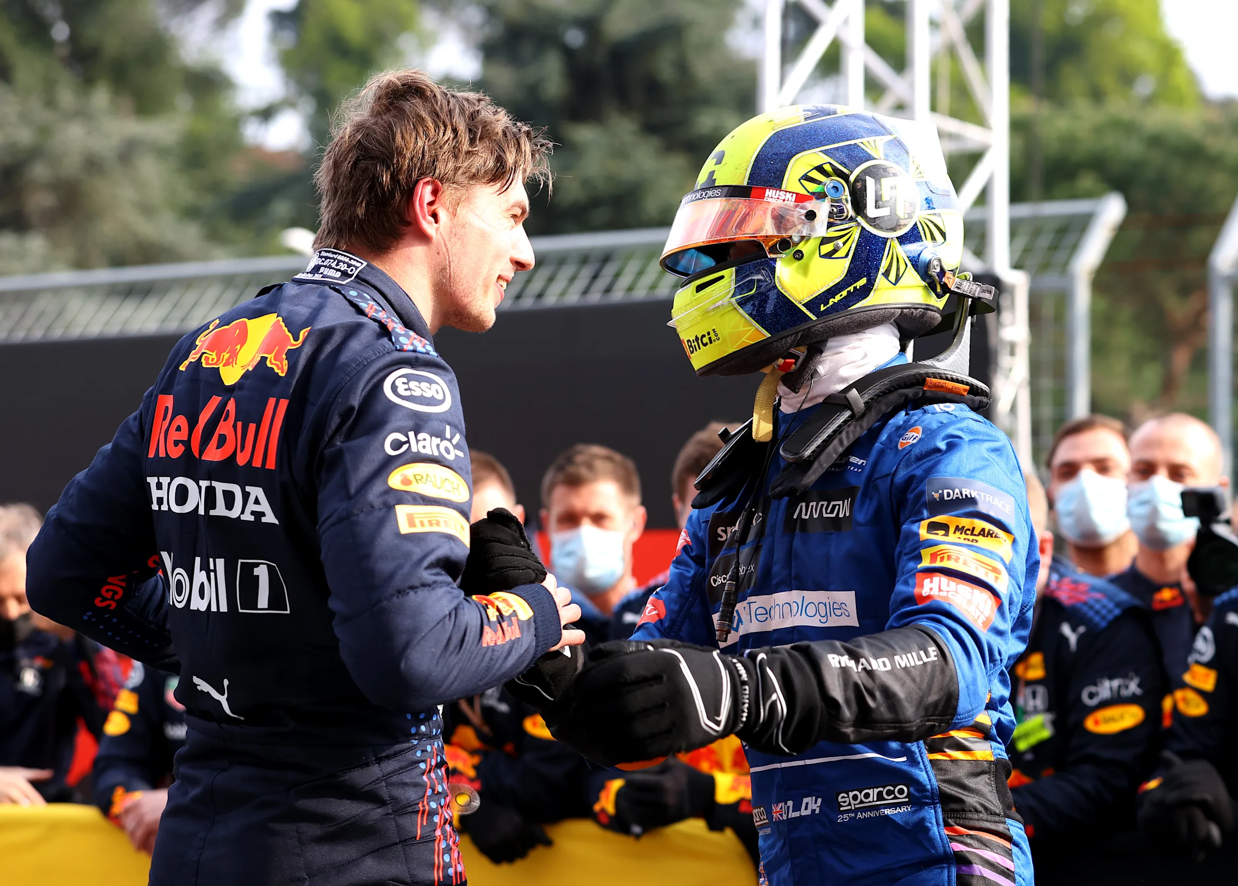 IMOLA, ITALY - APRIL 18: Race winner Max Verstappen of Netherlands and Red Bull Racing and third