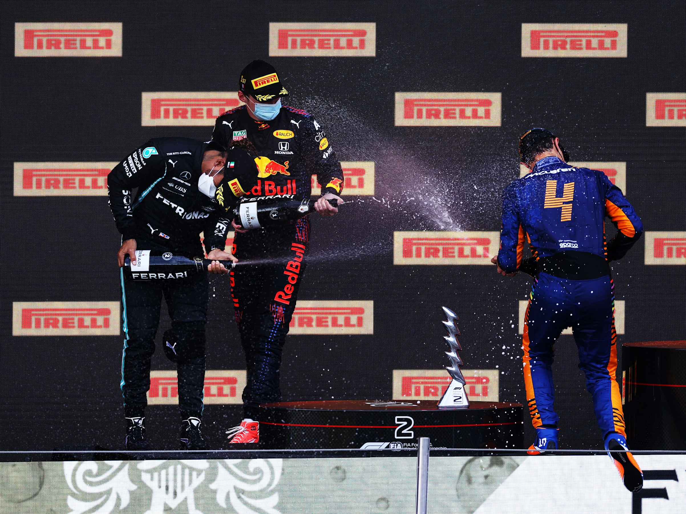 IMOLA, ITALY - APRIL 18: Second placed Lewis Hamilton of Great Britain and Mercedes GP, race winner