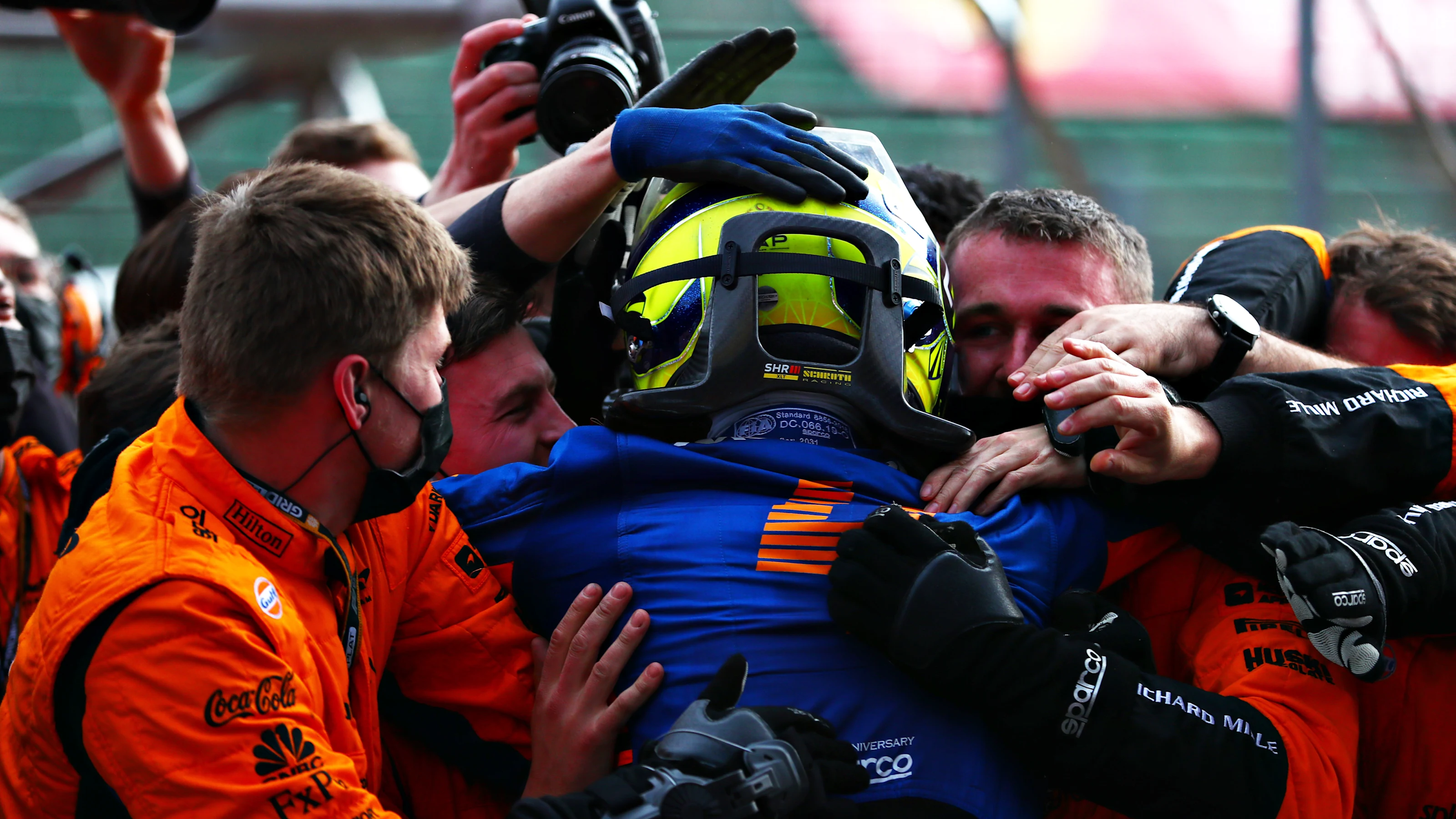 IMOLA, ITALY - APRIL 18: Third placed Lando Norris of Great Britain and McLaren F1 celebrates in