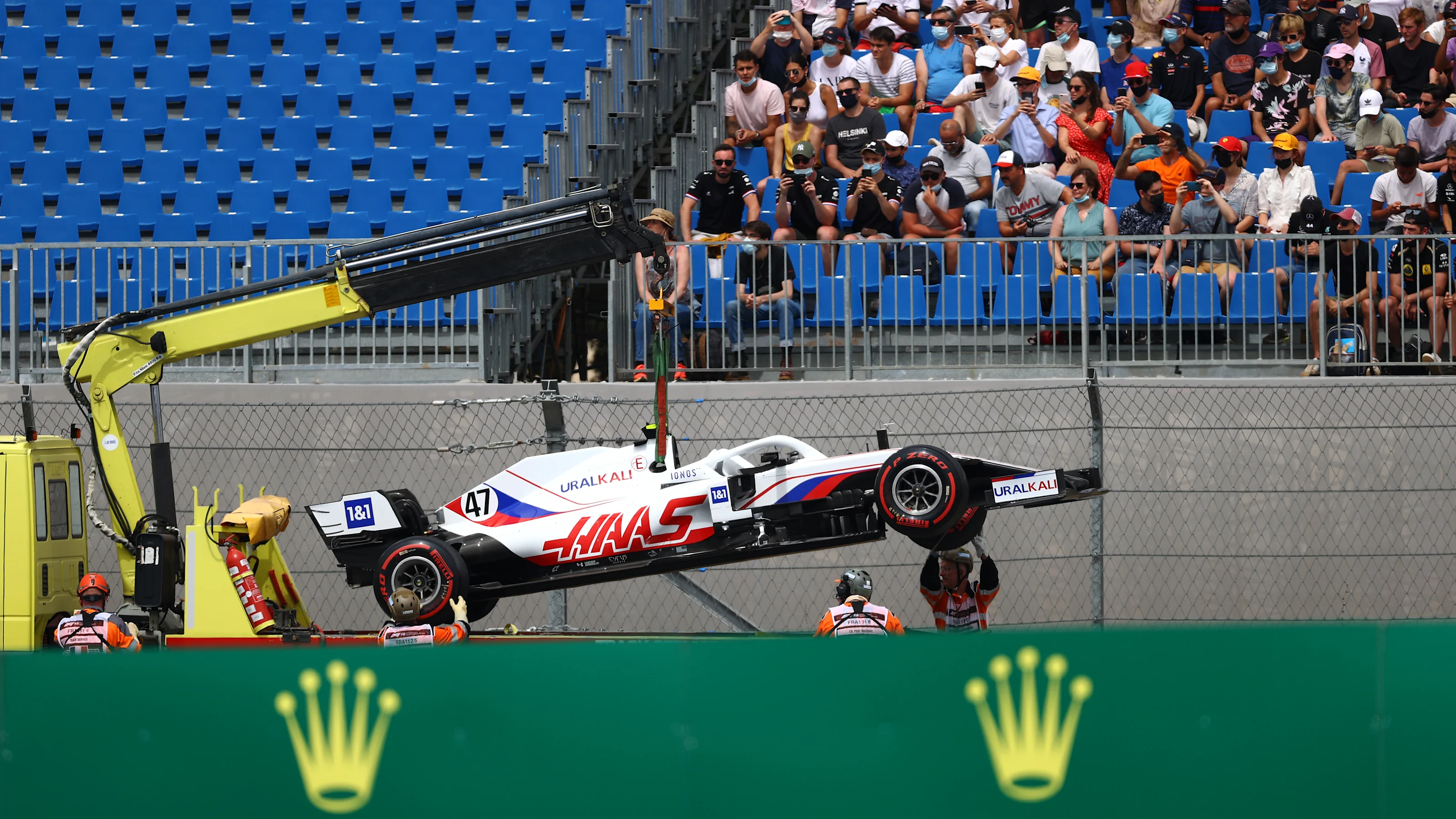 LE CASTELLET, FRANCE - JUNE 19: The car of Mick Schumacher of Germany and Haas F1 is removed from