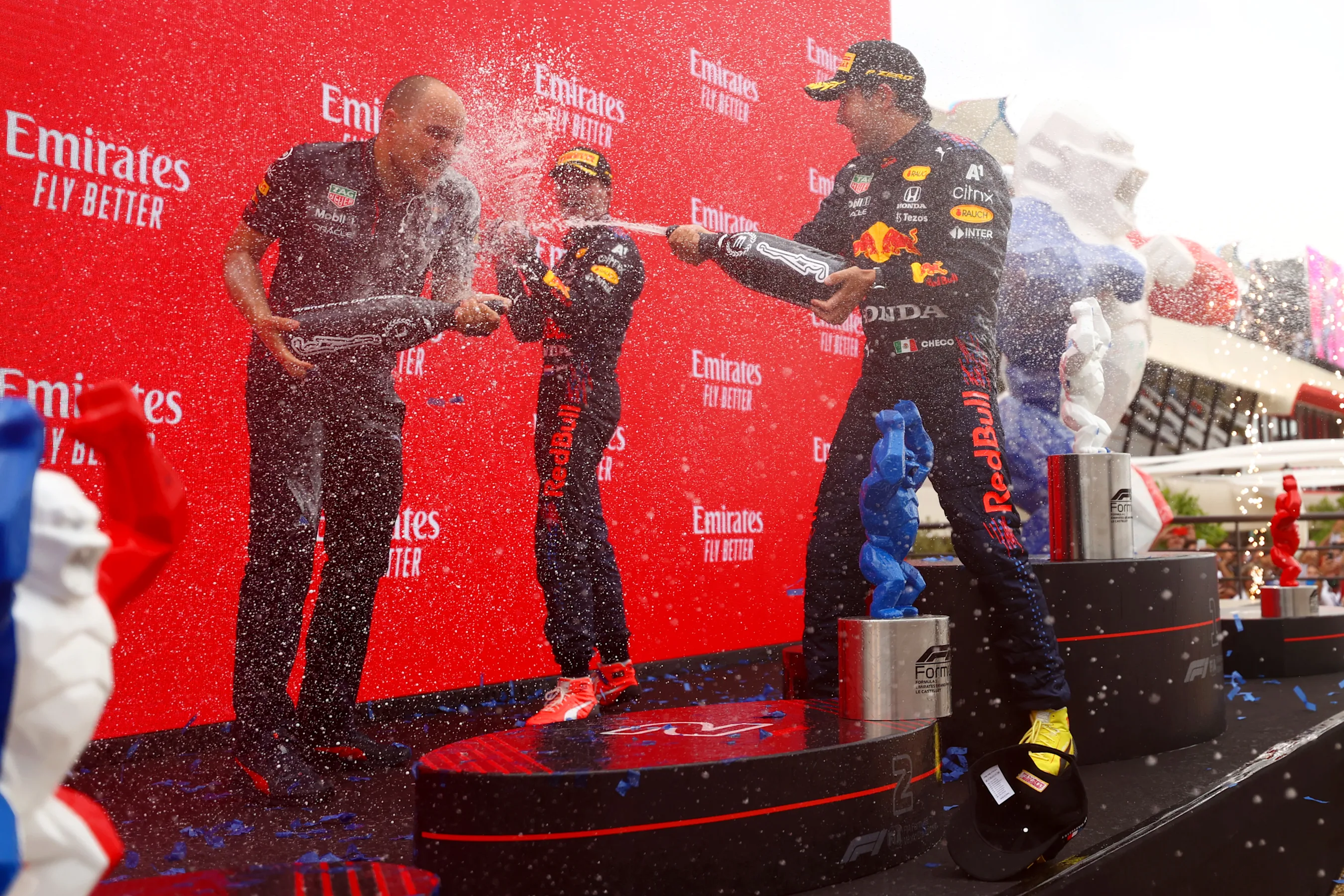 LE CASTELLET, FRANCE - JUNE 20: Red Bull Racing race engineer Gianpiero Lambiase, race winner Max