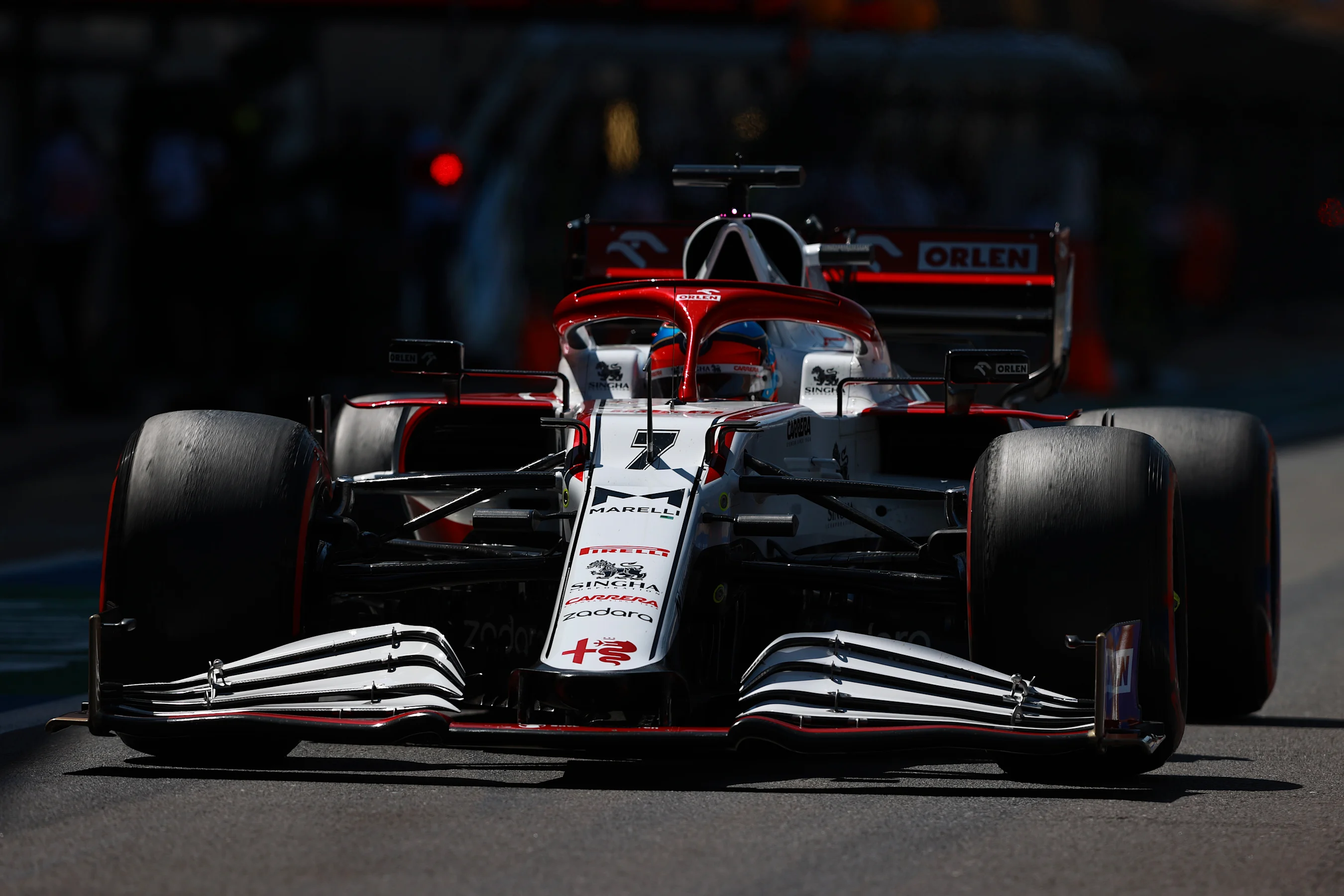 NORTHAMPTON, ENGLAND - JULY 17: Kimi Raikkonen of Finland driving the (7) Alfa Romeo Racing C41